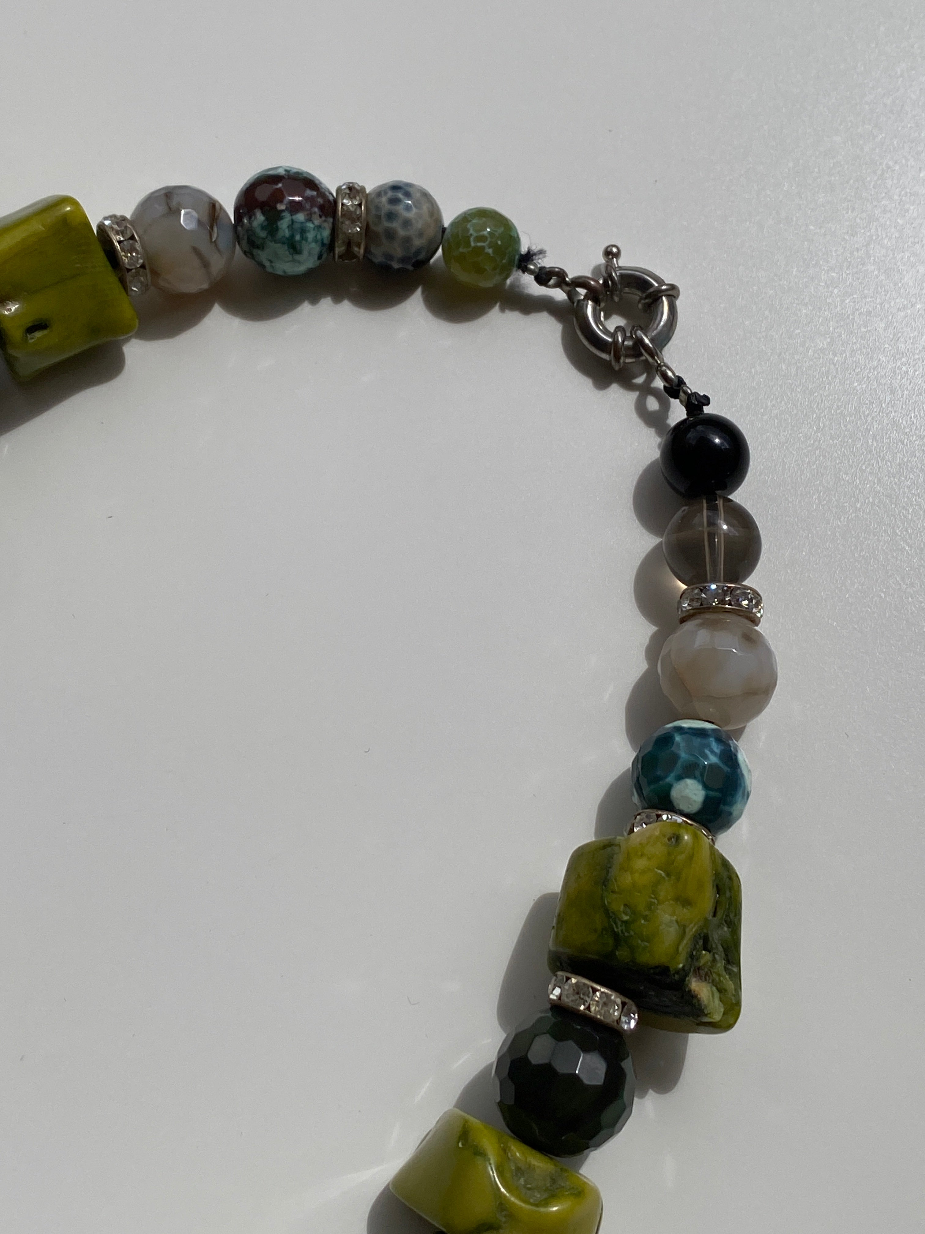 Vintage Natural Mixed Stone Statement Necklace Olive Jade, Onyx with Rhinestone Spacers