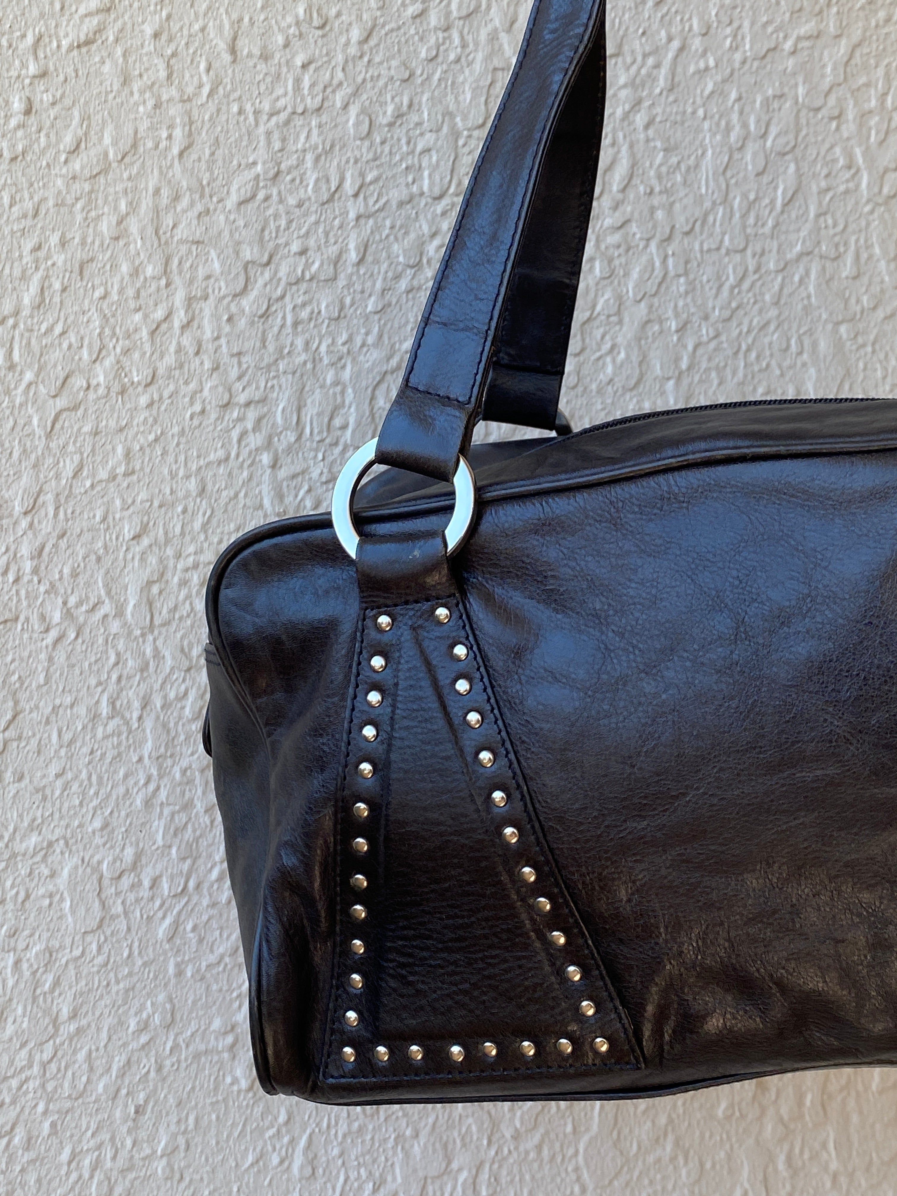 Vintage Black Faux Leather Studded Bowling Shoulder Bag