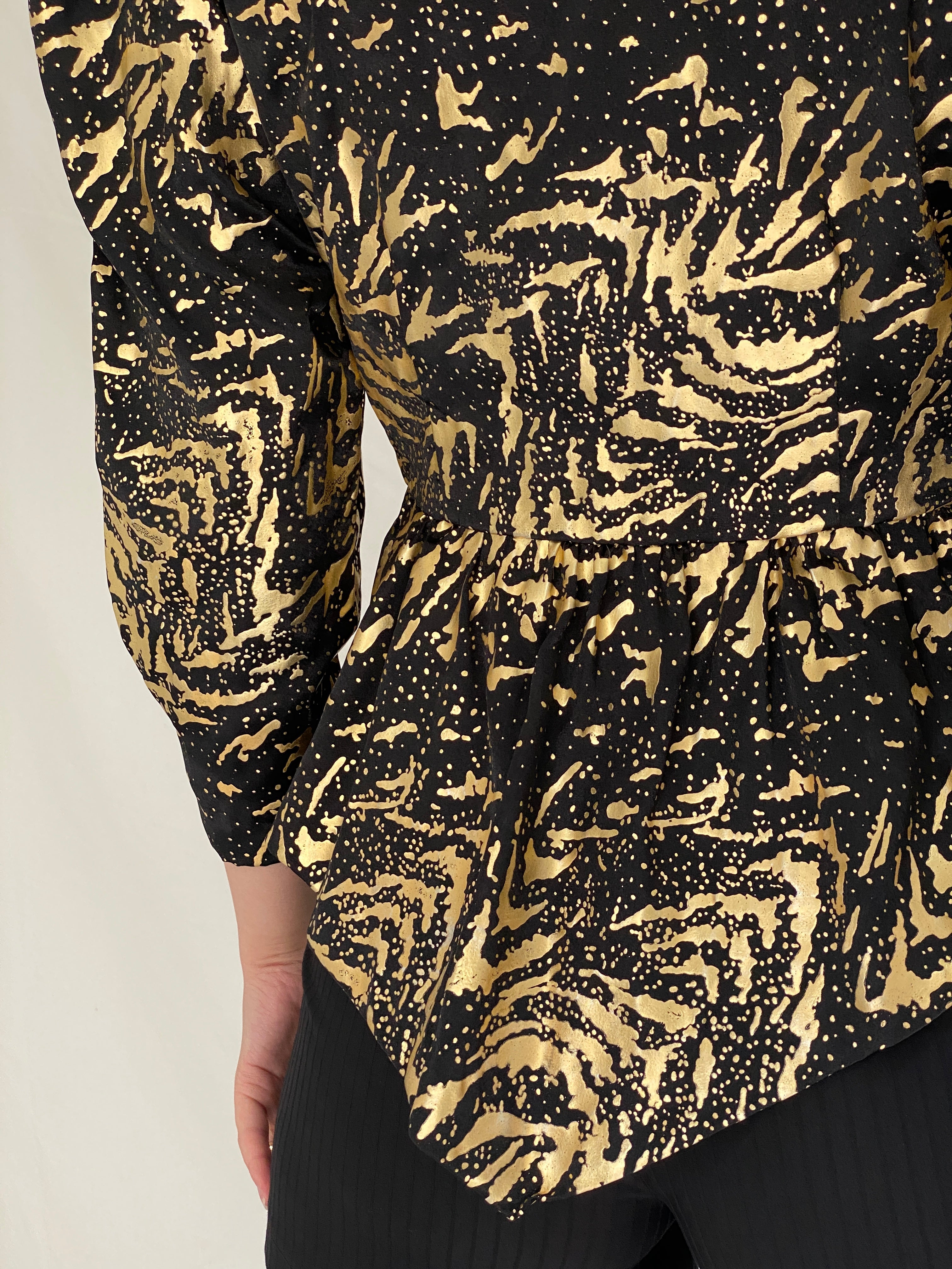 Vintage Black & Gold Abstract Print Peplum Blouse with Puff Sleeves - S
