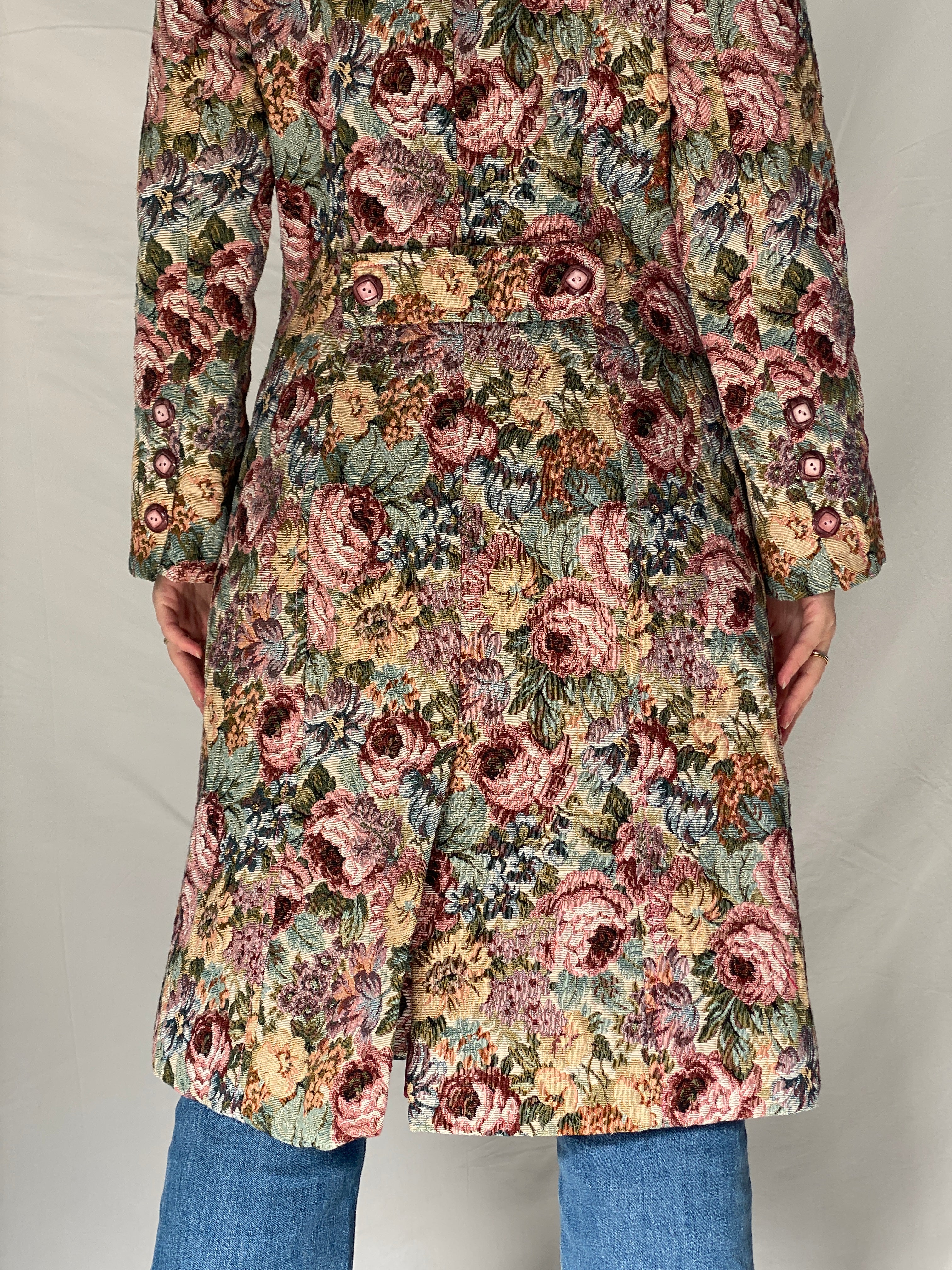 Vintage Statement Handmade Floral Tapestry Quilted Coat with Pink Faux Fur Collar - M