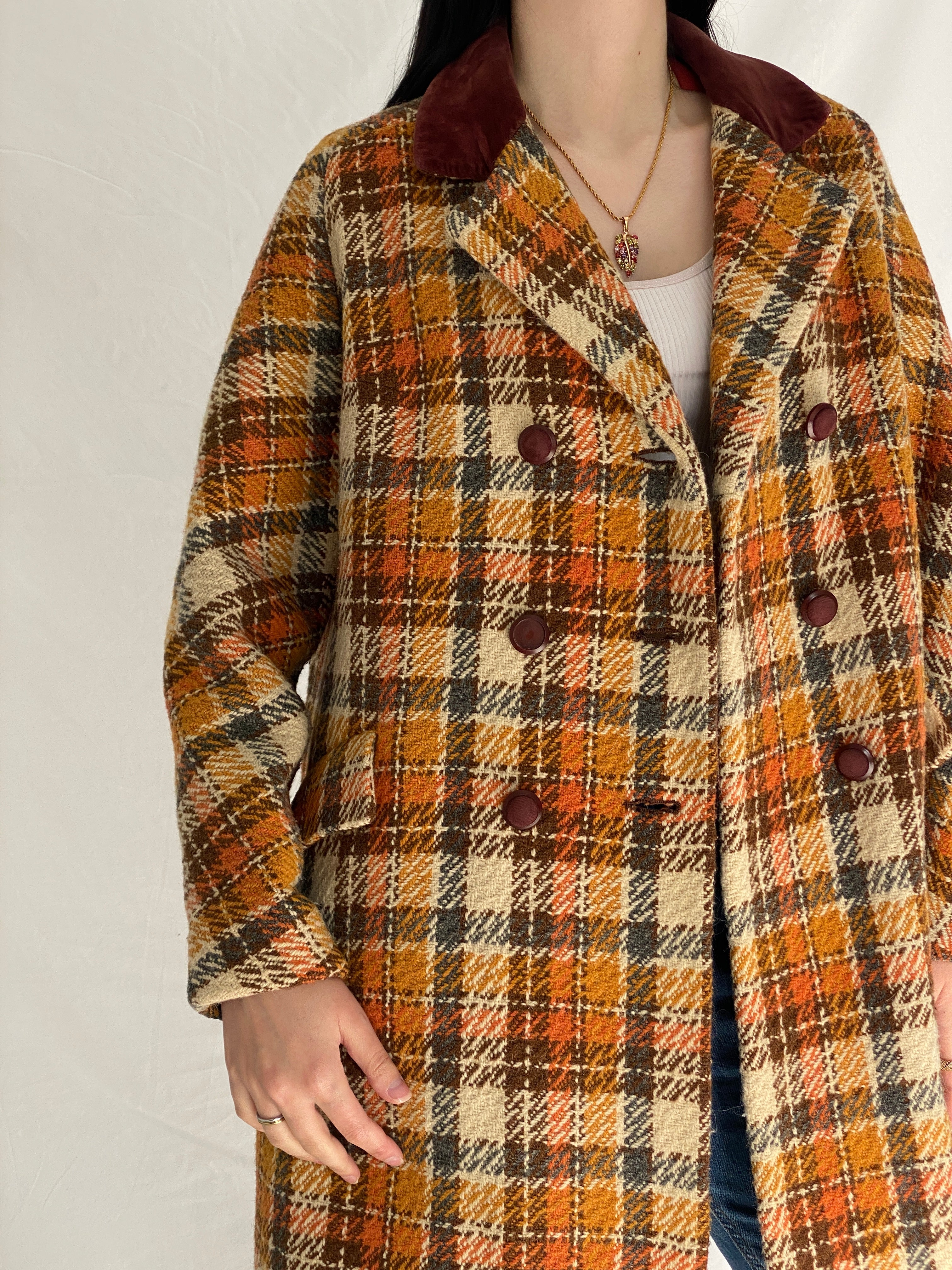Vintage Brown & Rust Plaid Oversized Double-Breasted Wool Blend Coat with Velvet Collar - XL
