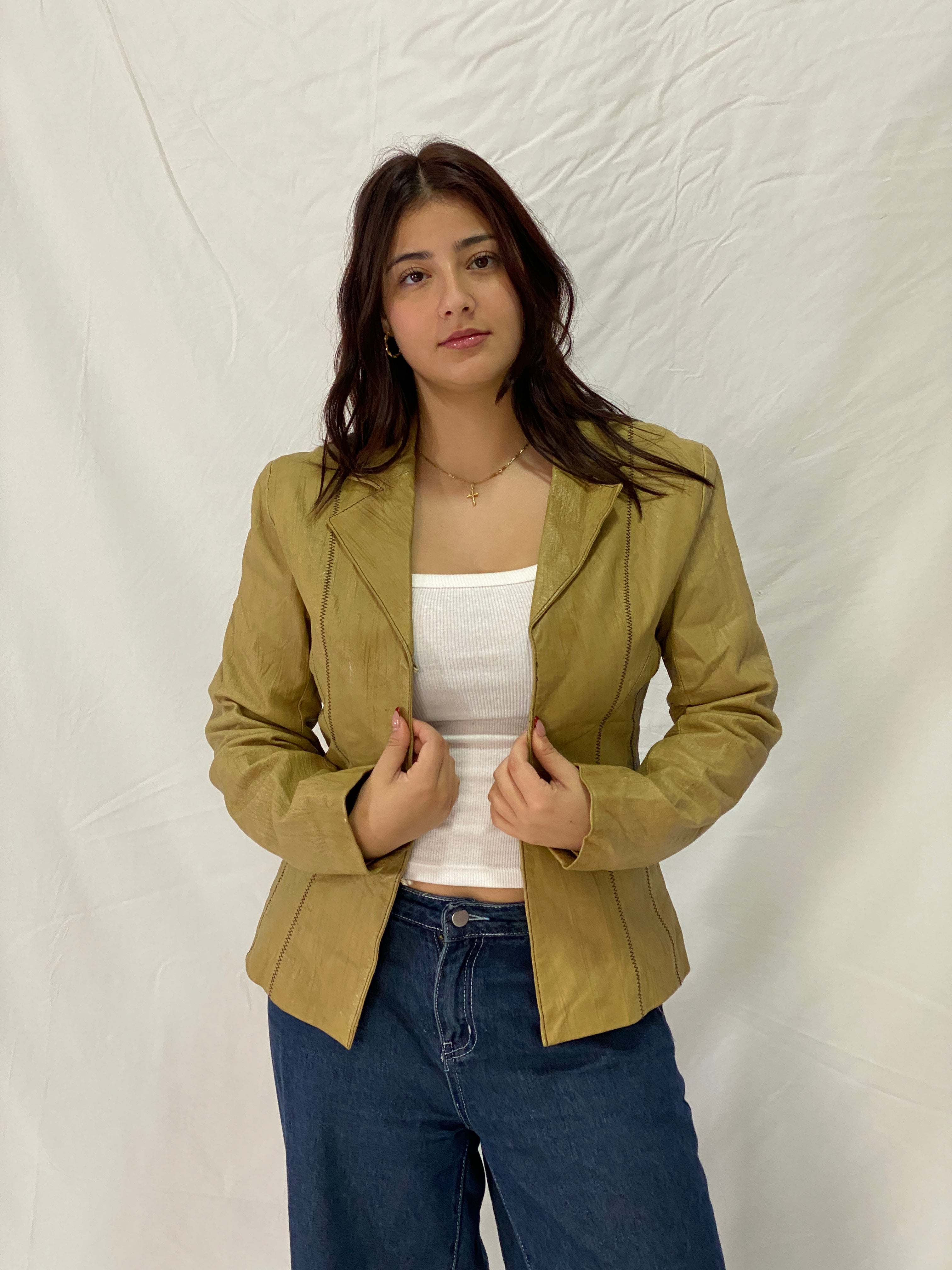 Vintage Attr@ttivo Tan Genuine Leather Blazer with Contrast Stitching Tailored Jacket – M