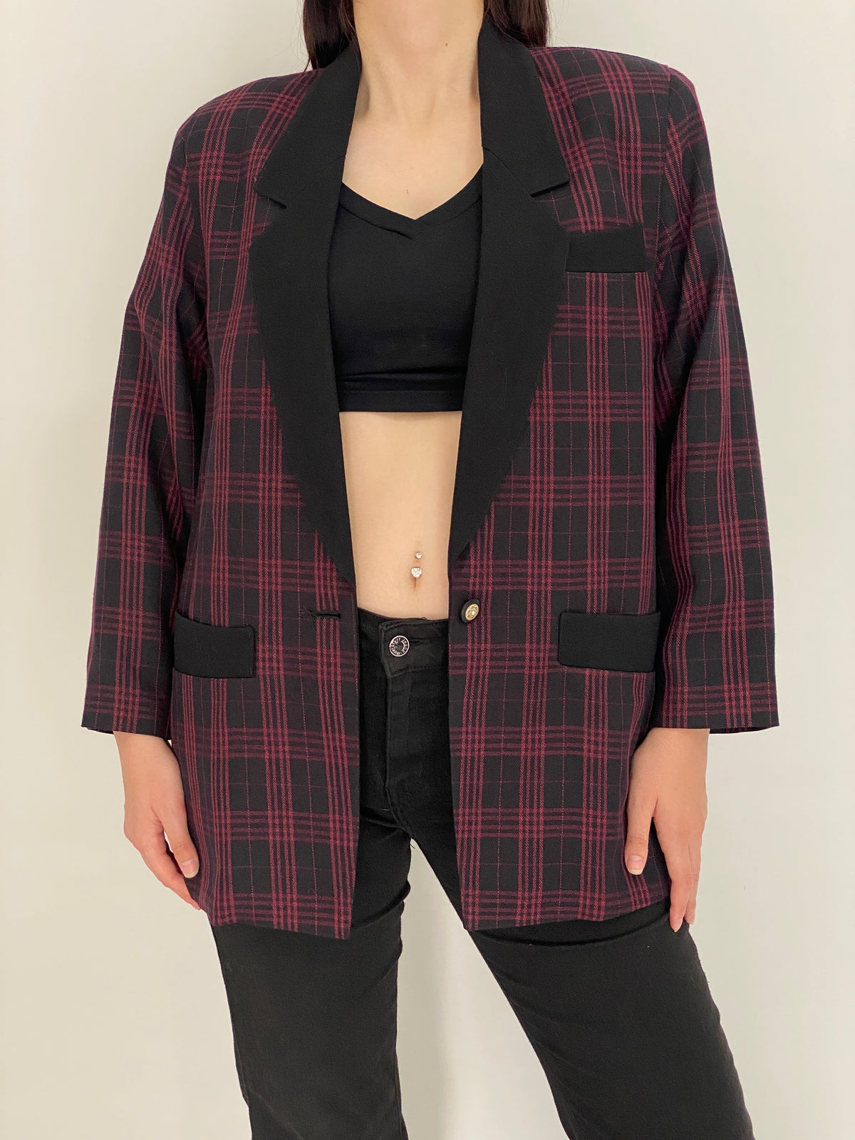 Vintage 90s Partner Fashion Burgundy & Black Plaid Oversized Blazer - L