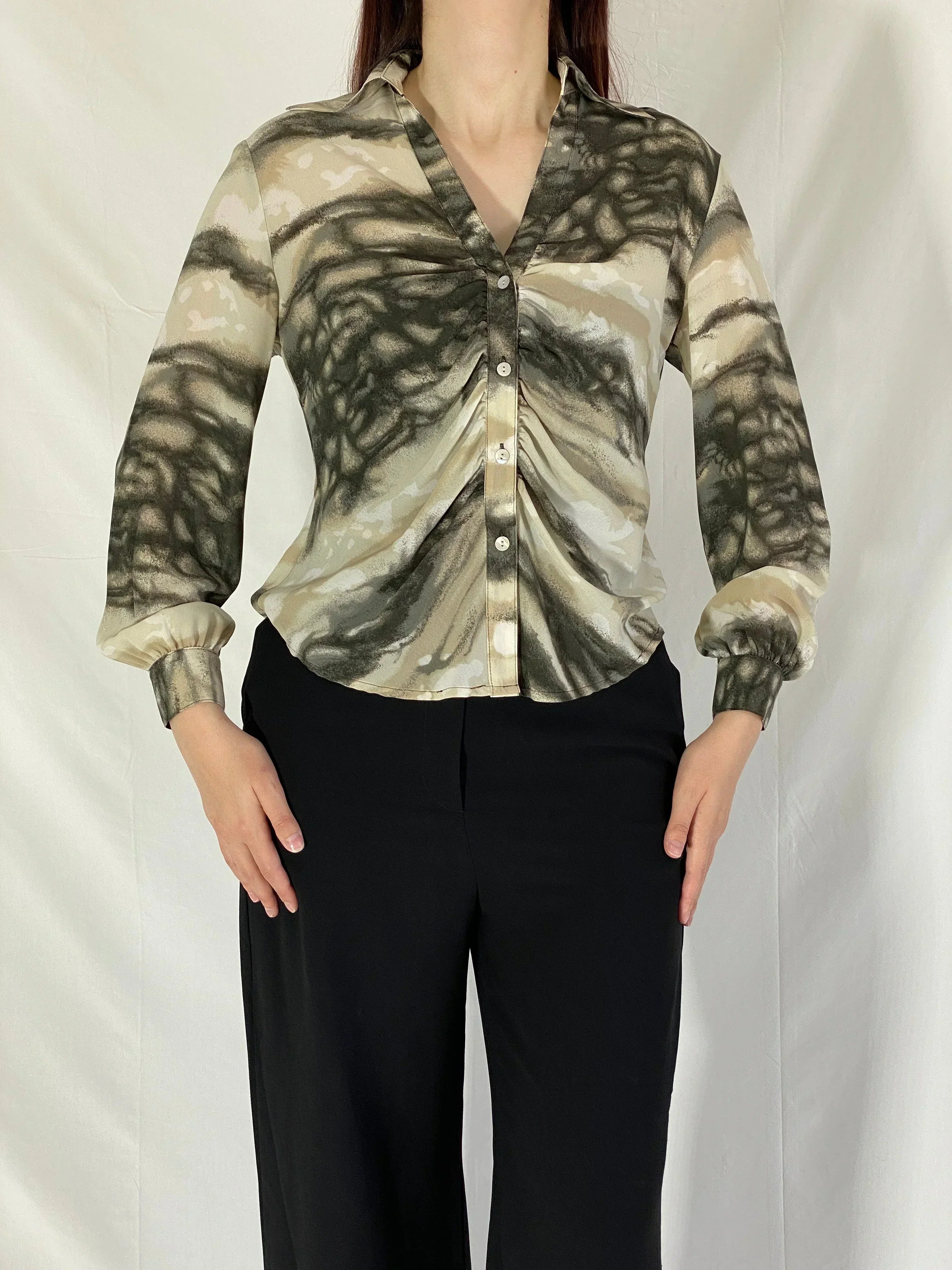 Dressbarn Abstract Tie Dye Print Button-Up Blouse Long Sleeve Shirt - S