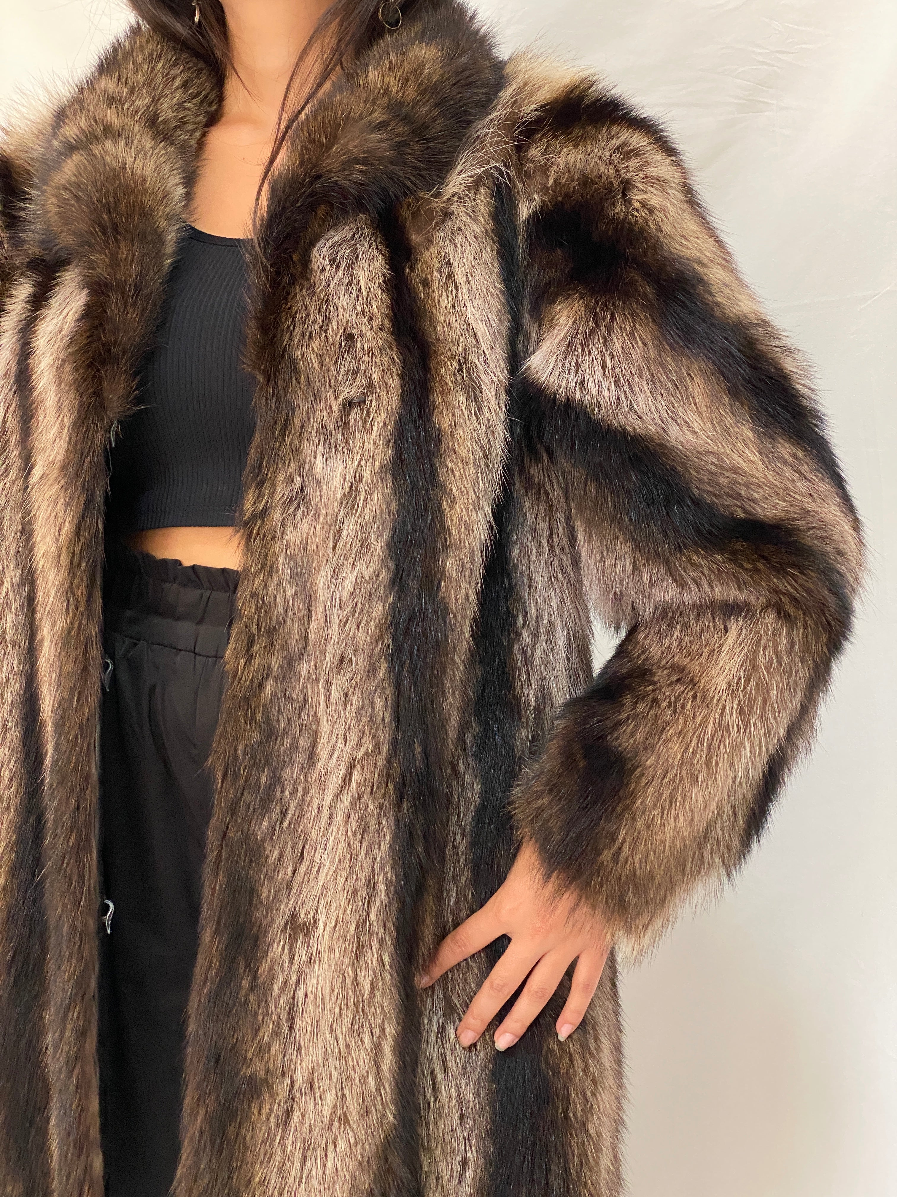 Vintage Real Fur Striped Brown & Black Coat Luxurious Genuine Raccoon Fur Winter Jacket - M