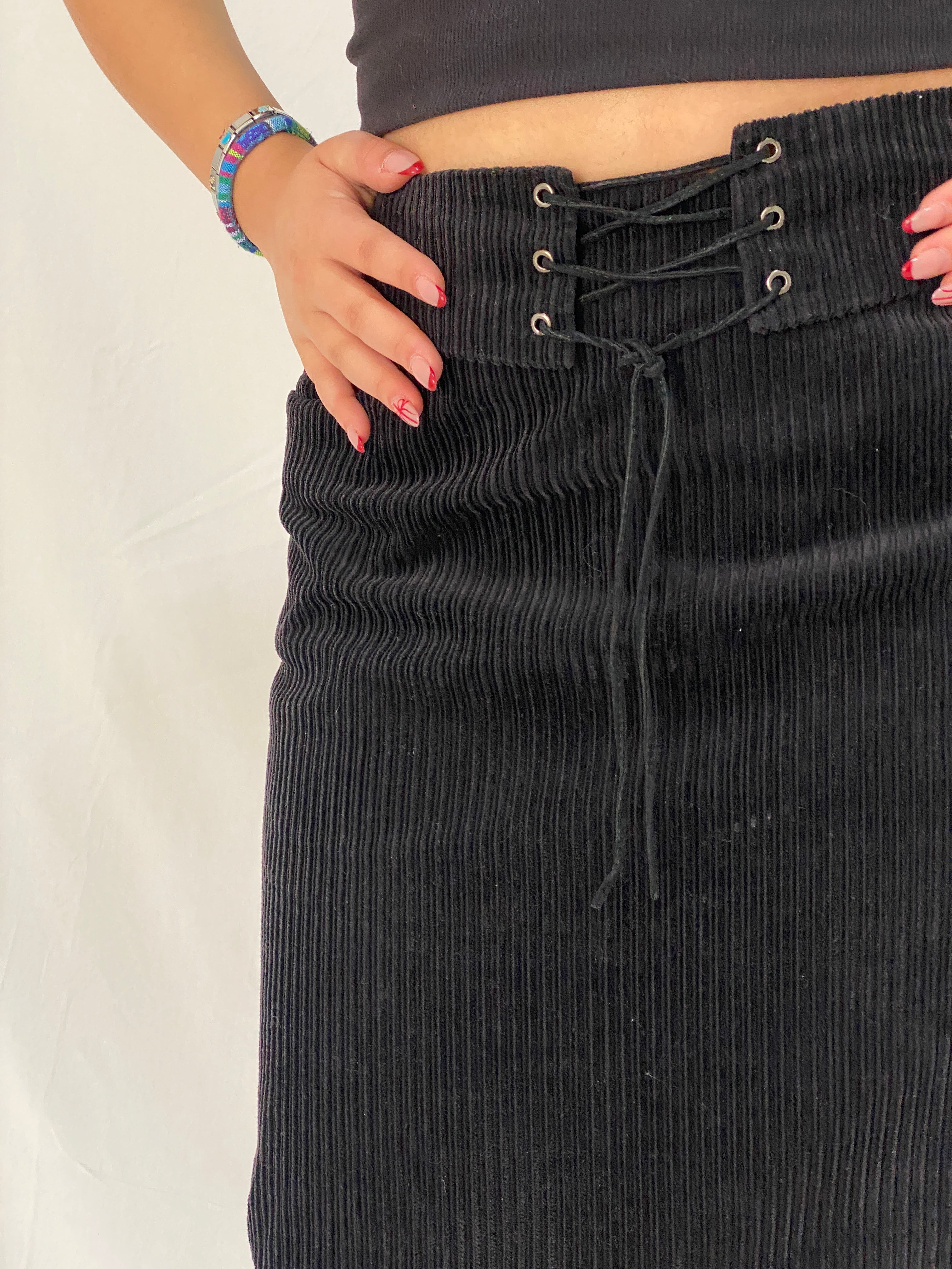 Vintage 90s Miss Etam Black Corduroy Lace-Up Waist Midi Skirt – M