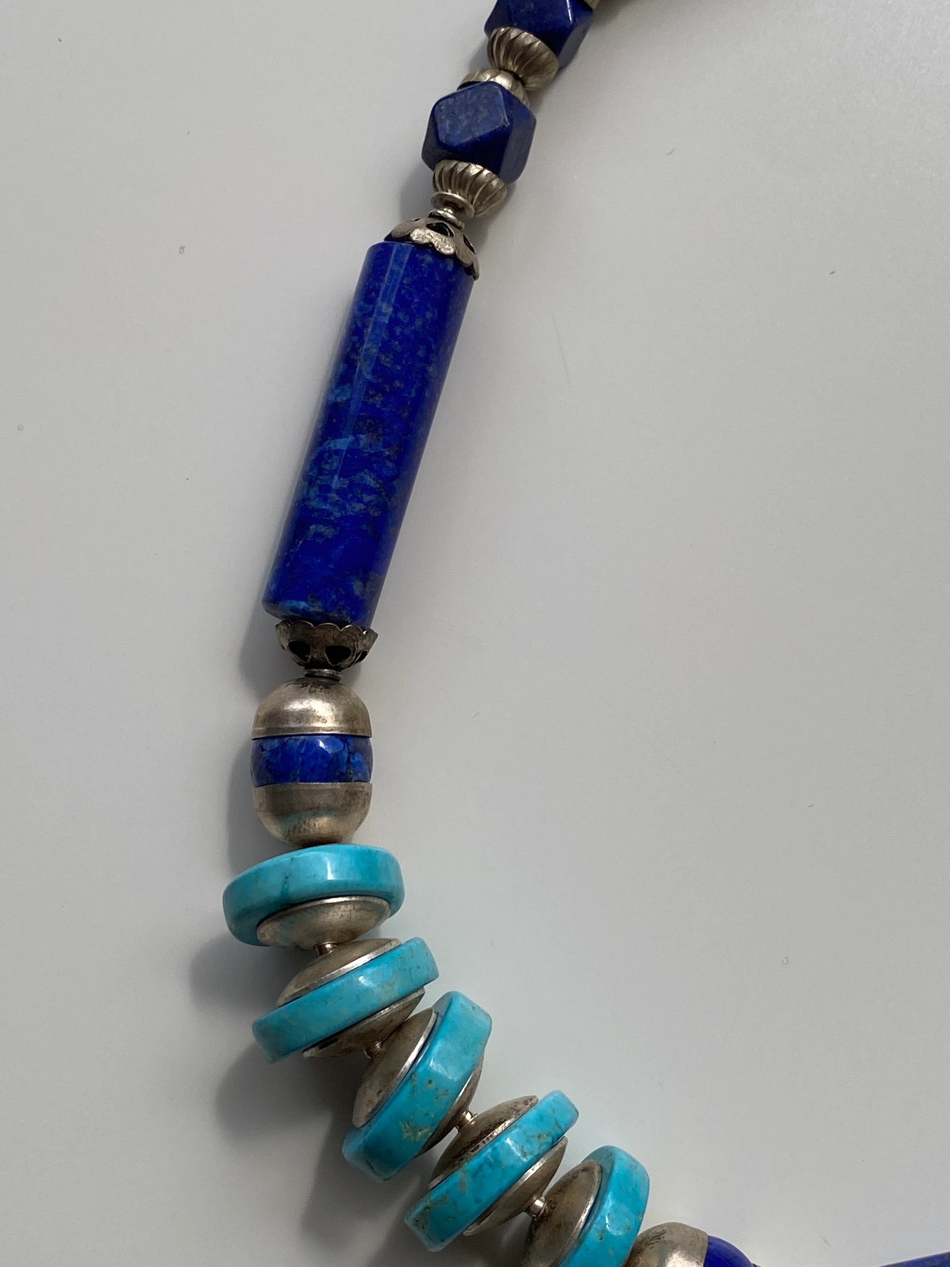Vintage Lapis Lazuli & Turquoise Stone Beaded Necklace with Silver Spacers
