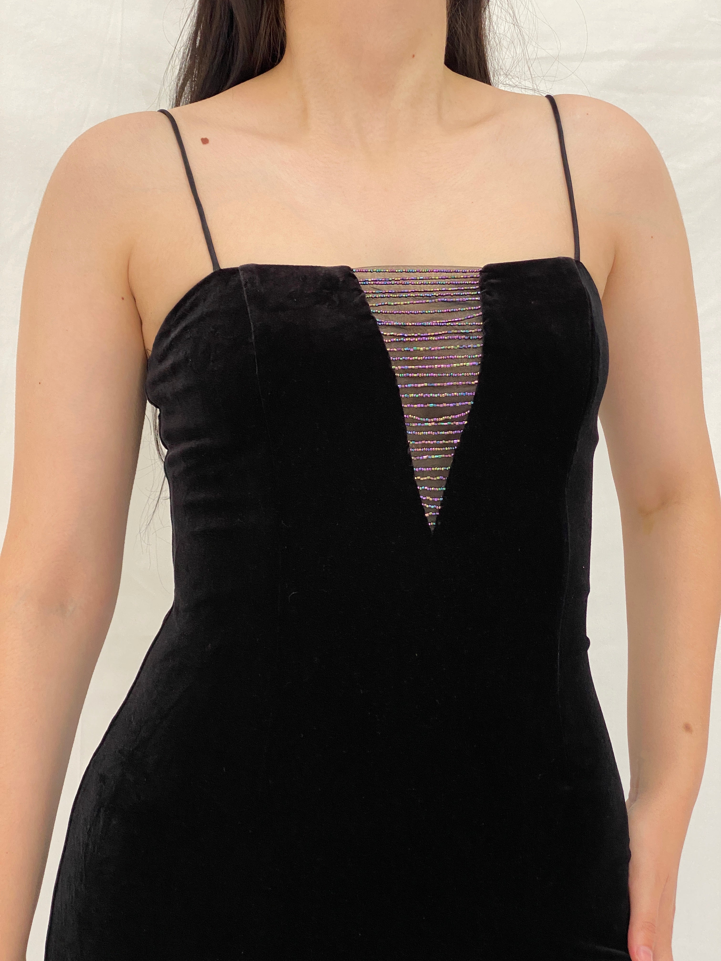 Vintage Betsey & Adam by Jaslene Black Velvet Beaded Illusion Evening Gown – S