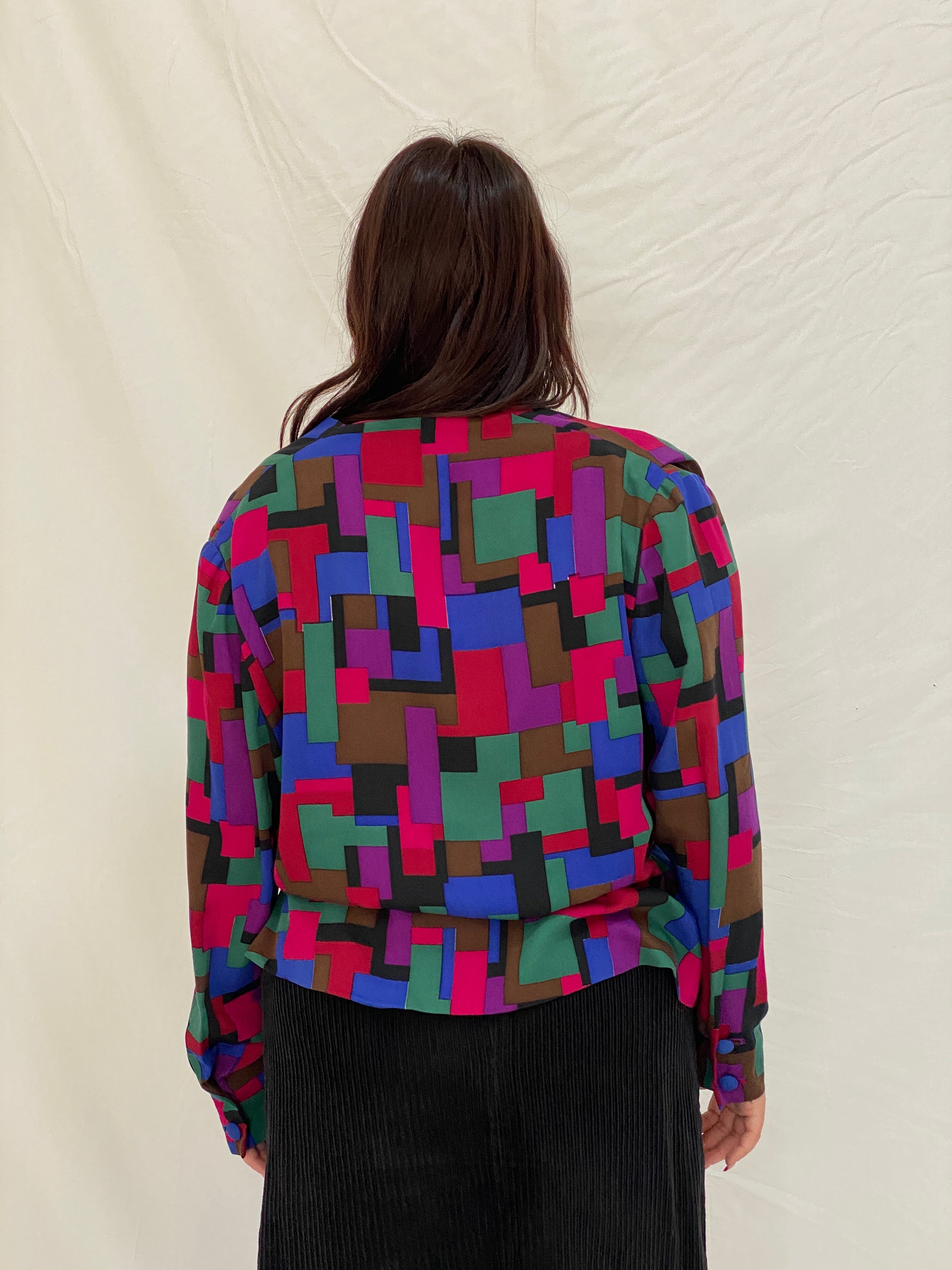 Vintage Handmade 80s Multicolor Abstract Geometric Print Long Sleeve Button-Up Shirt – XL