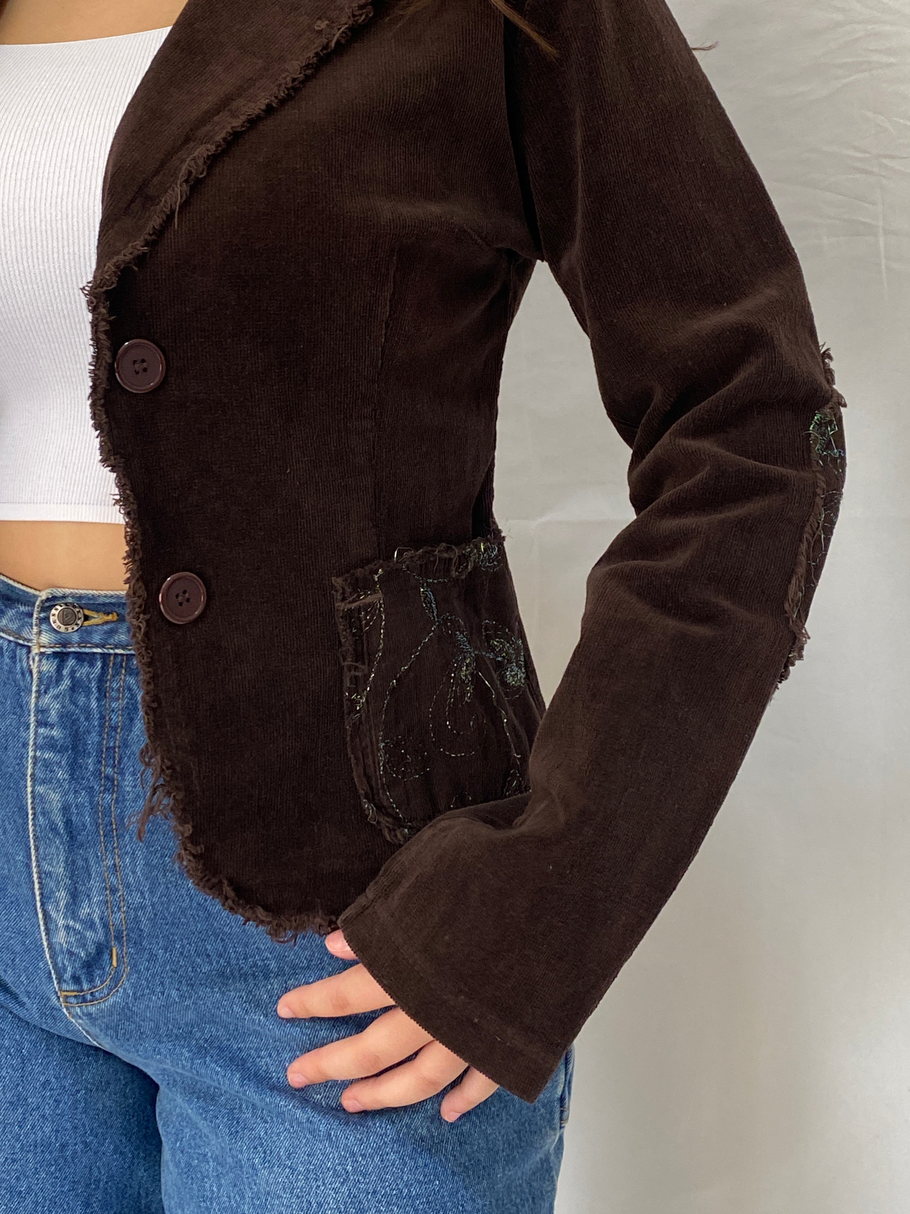 Vintage Y2K Italian Corduroy Blazer Chocolate Distressed Raw Edge Embroidered Jacket - S