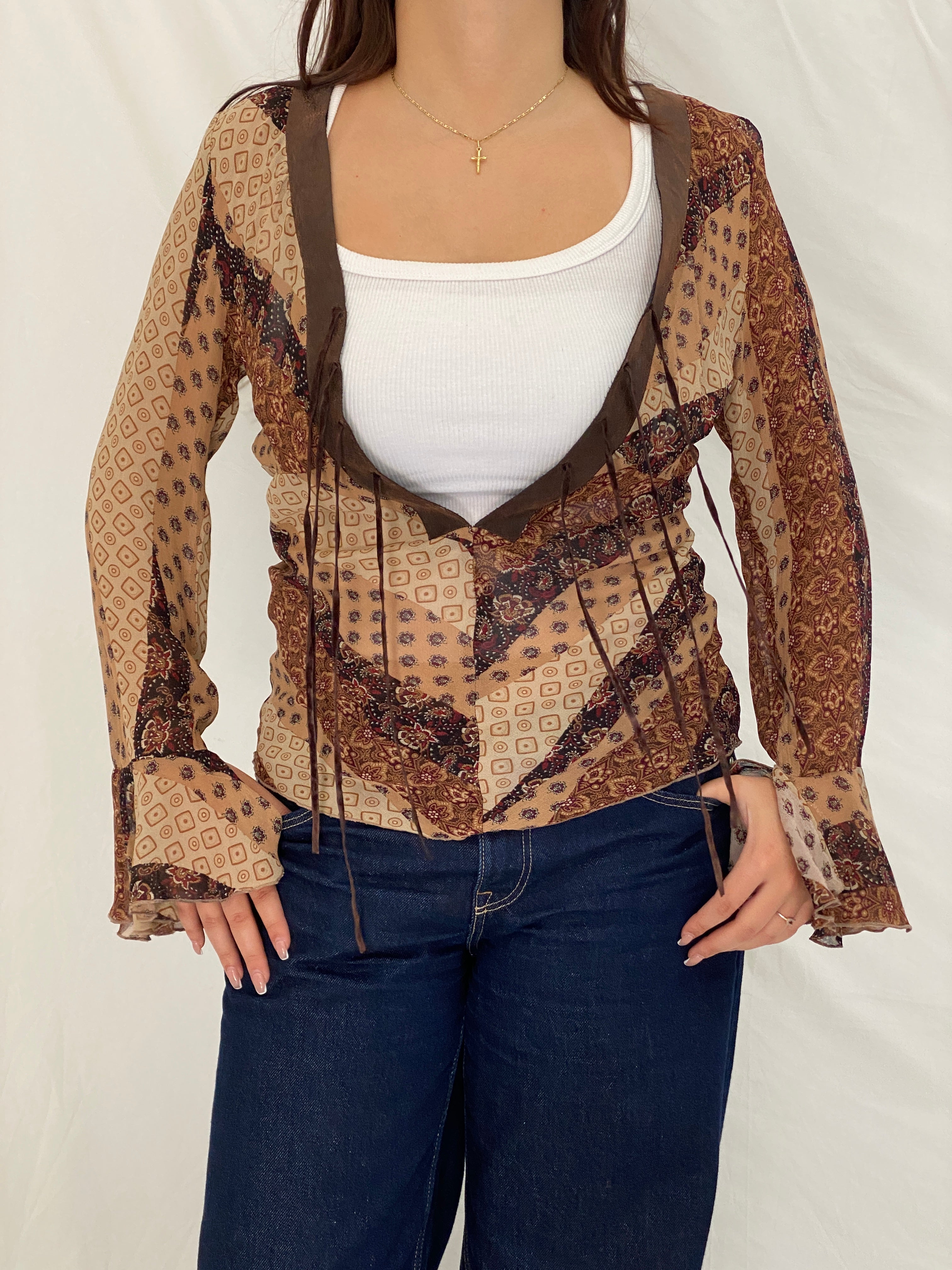 Y2K Vero Moda Brown Paisley Bell Sleeve Tie-Front Deep V-Neck Top - S