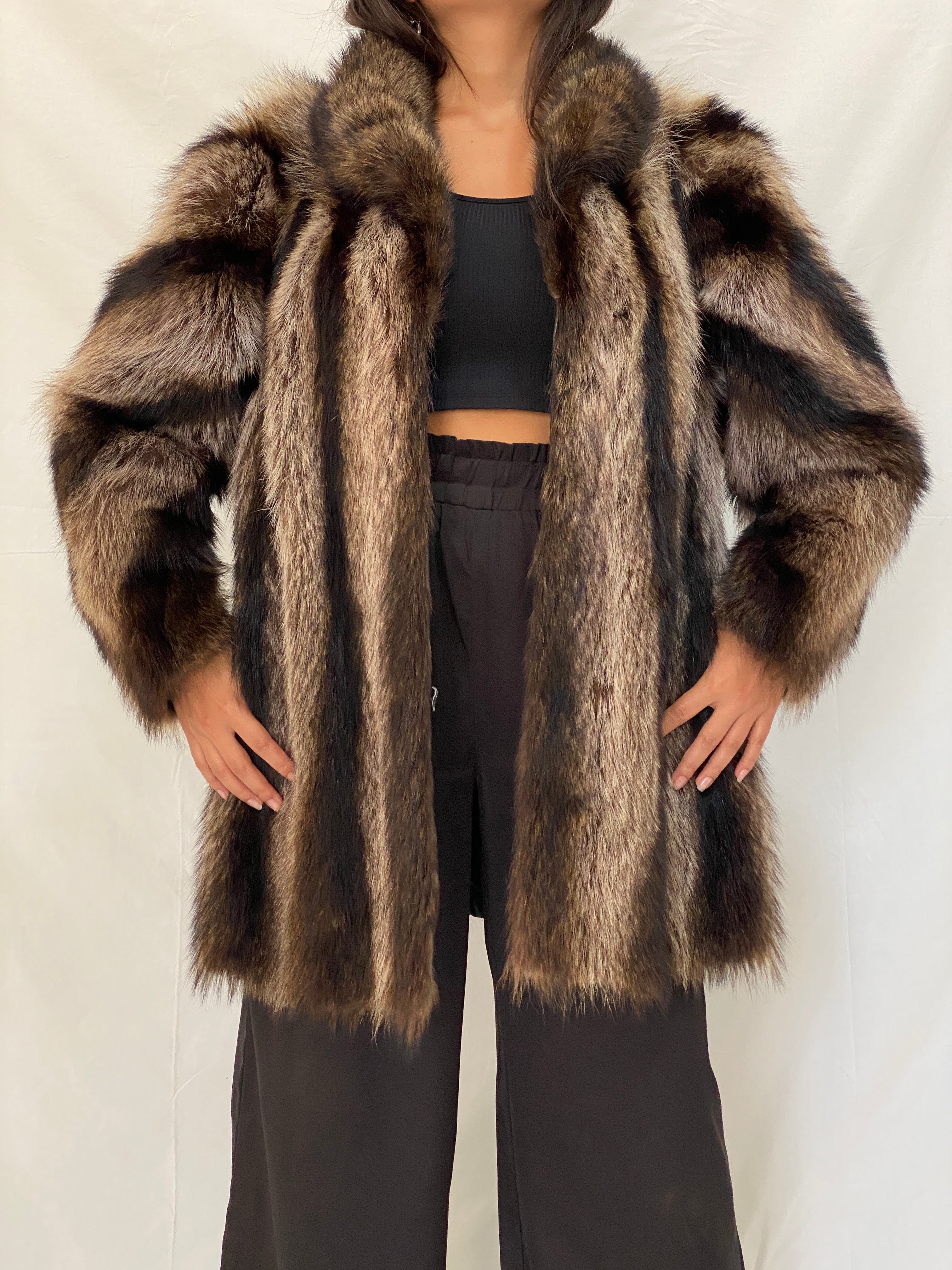 Vintage Real Fur Striped Brown & Black Coat Luxurious Genuine Raccoon Fur Winter Jacket - M