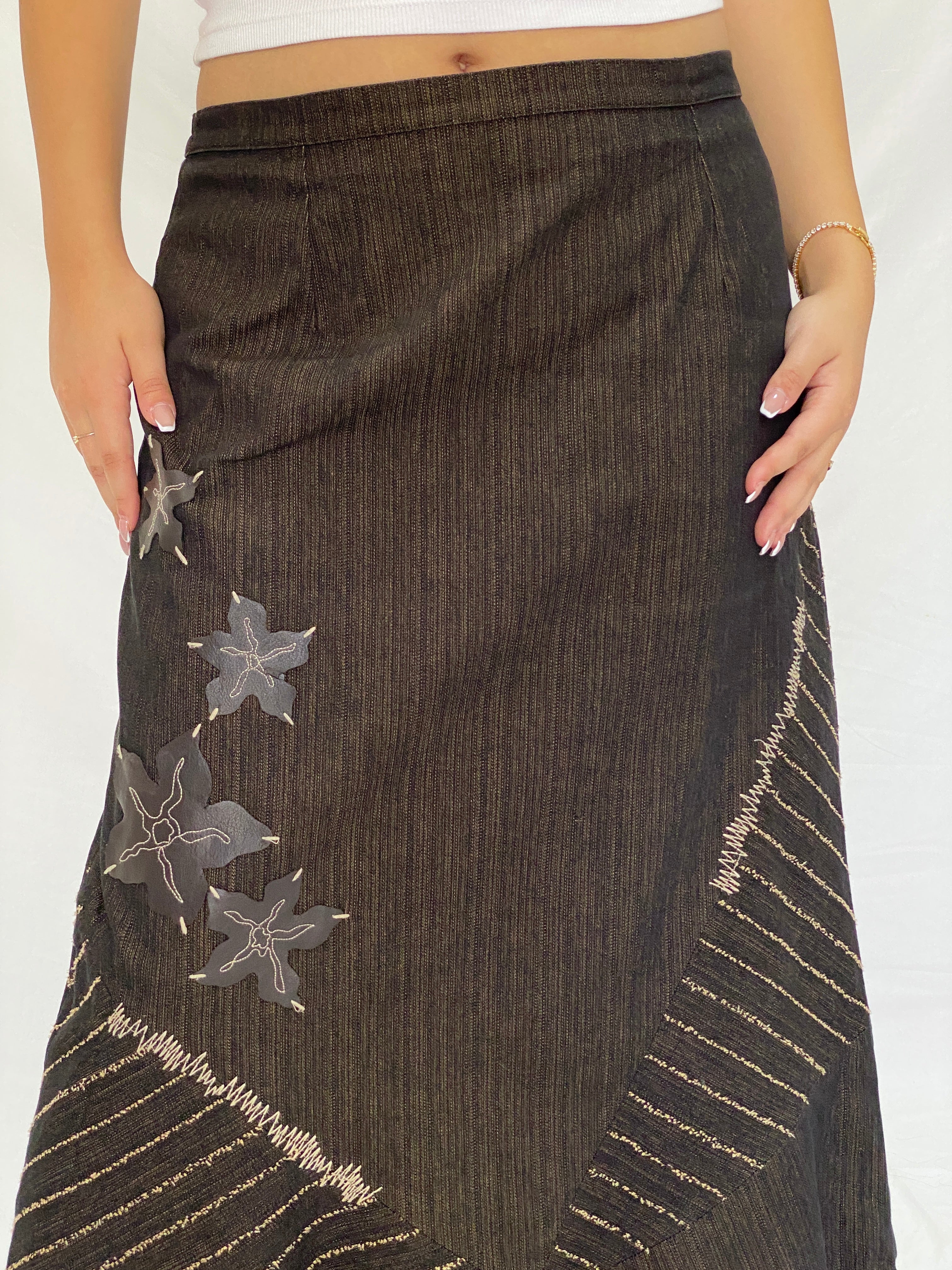 Vintage ISHWAR Brown Patchwork Midi Floral Embroidered Boho Skirt - XL