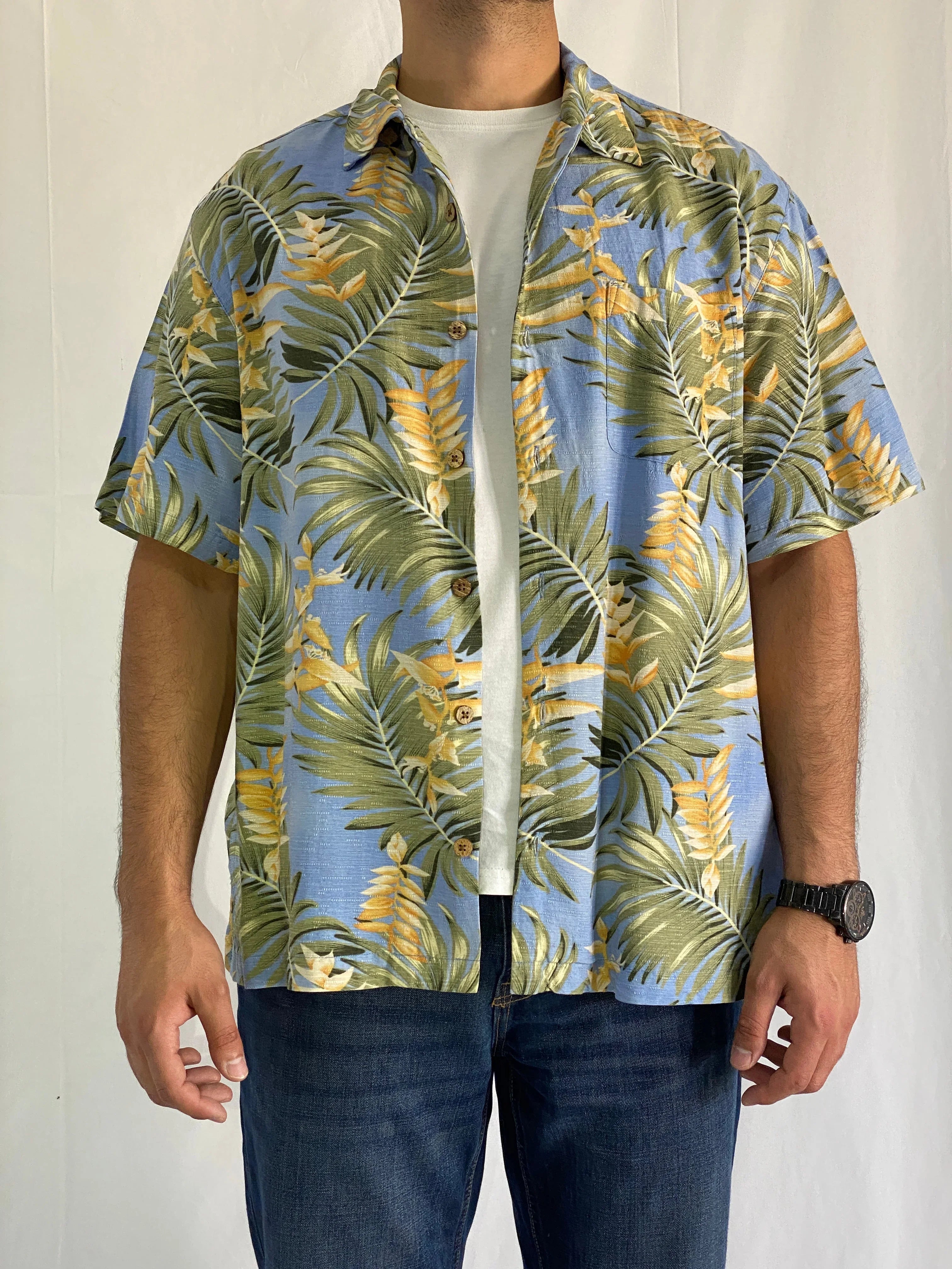 Caribbean Hawaiian Blue Tropical Palm Leaf Men’s Silk Shirt - XL