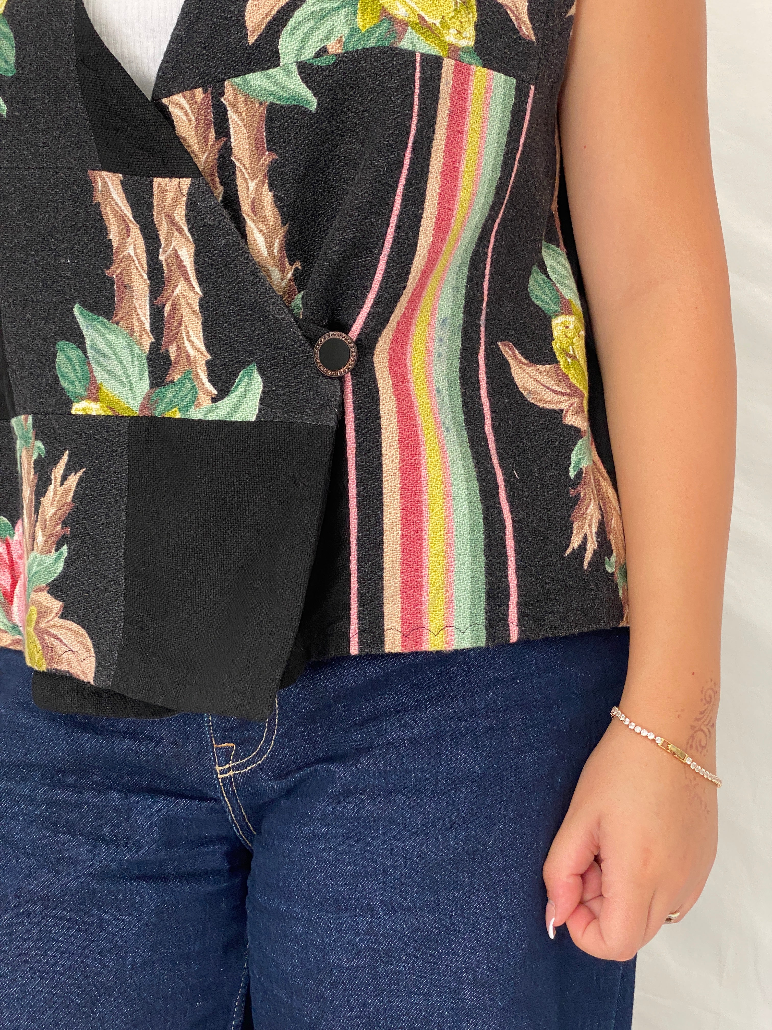 Vintage Black Patchwork Floral Vest Asymmetric Button Boho Waistcoat – L