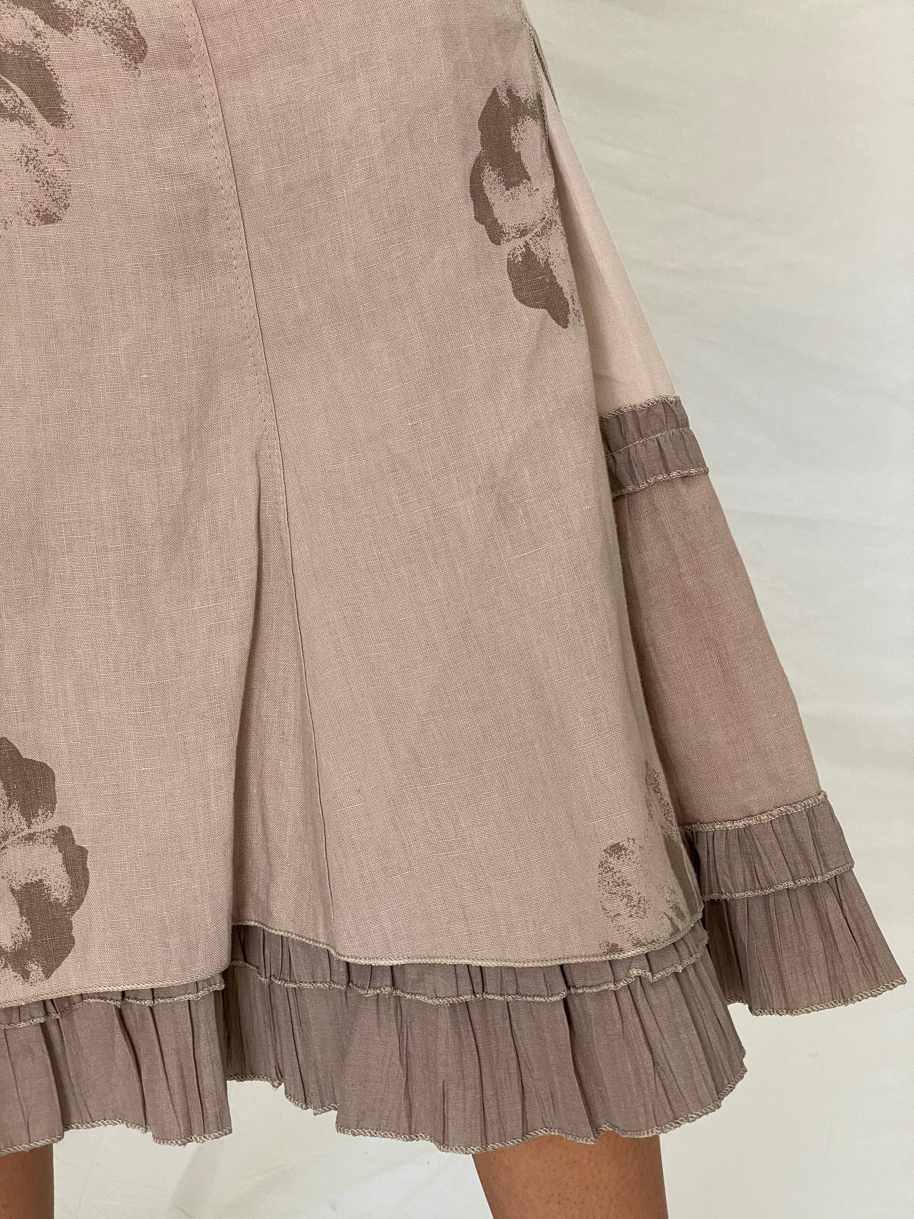 Vintage Layered Linen Taupe Floral Midi Skirt with Ruffle Hem – L