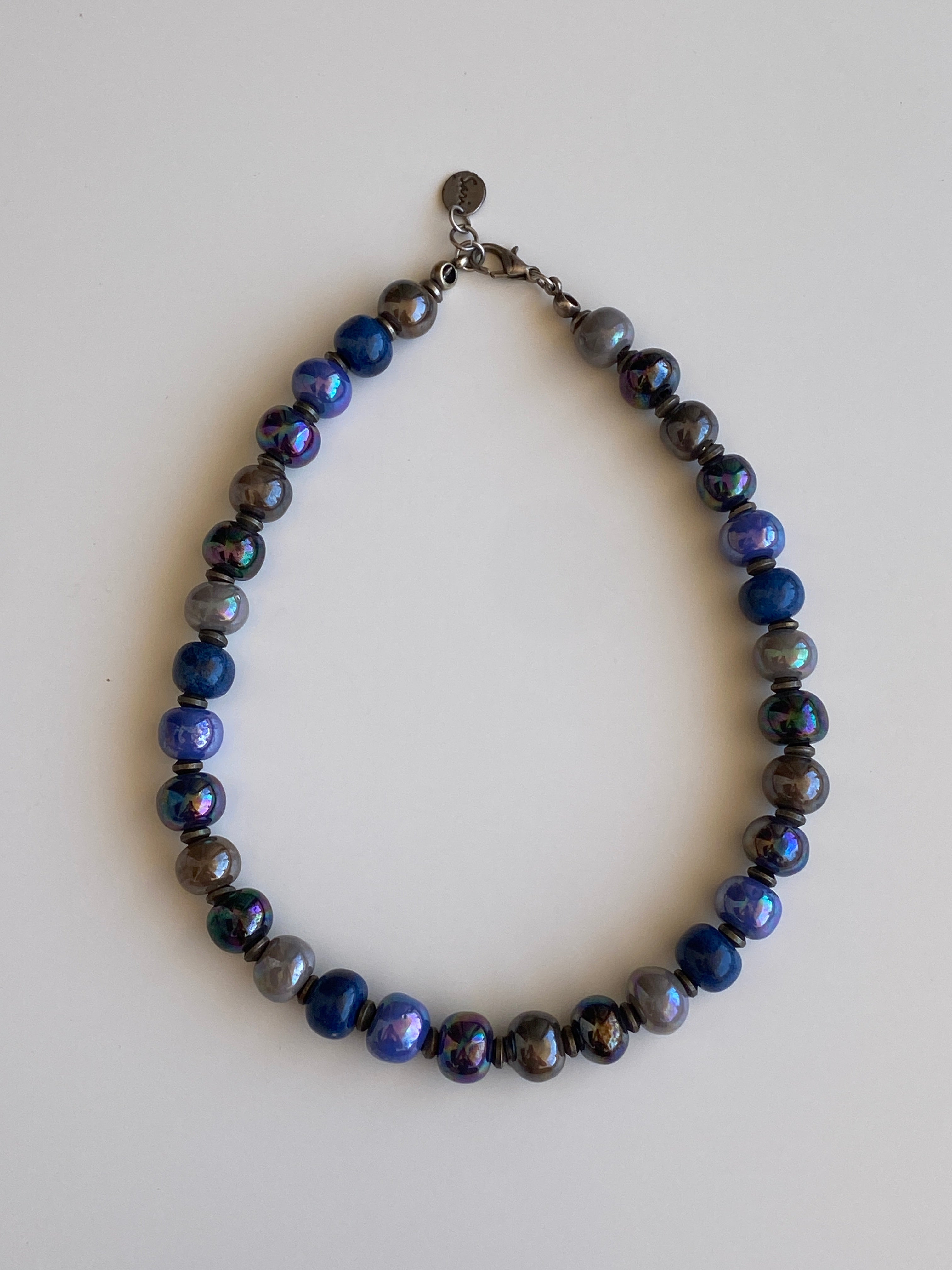 Vintage Sari Blue Purple Iridescent Beaded Statement Necklace