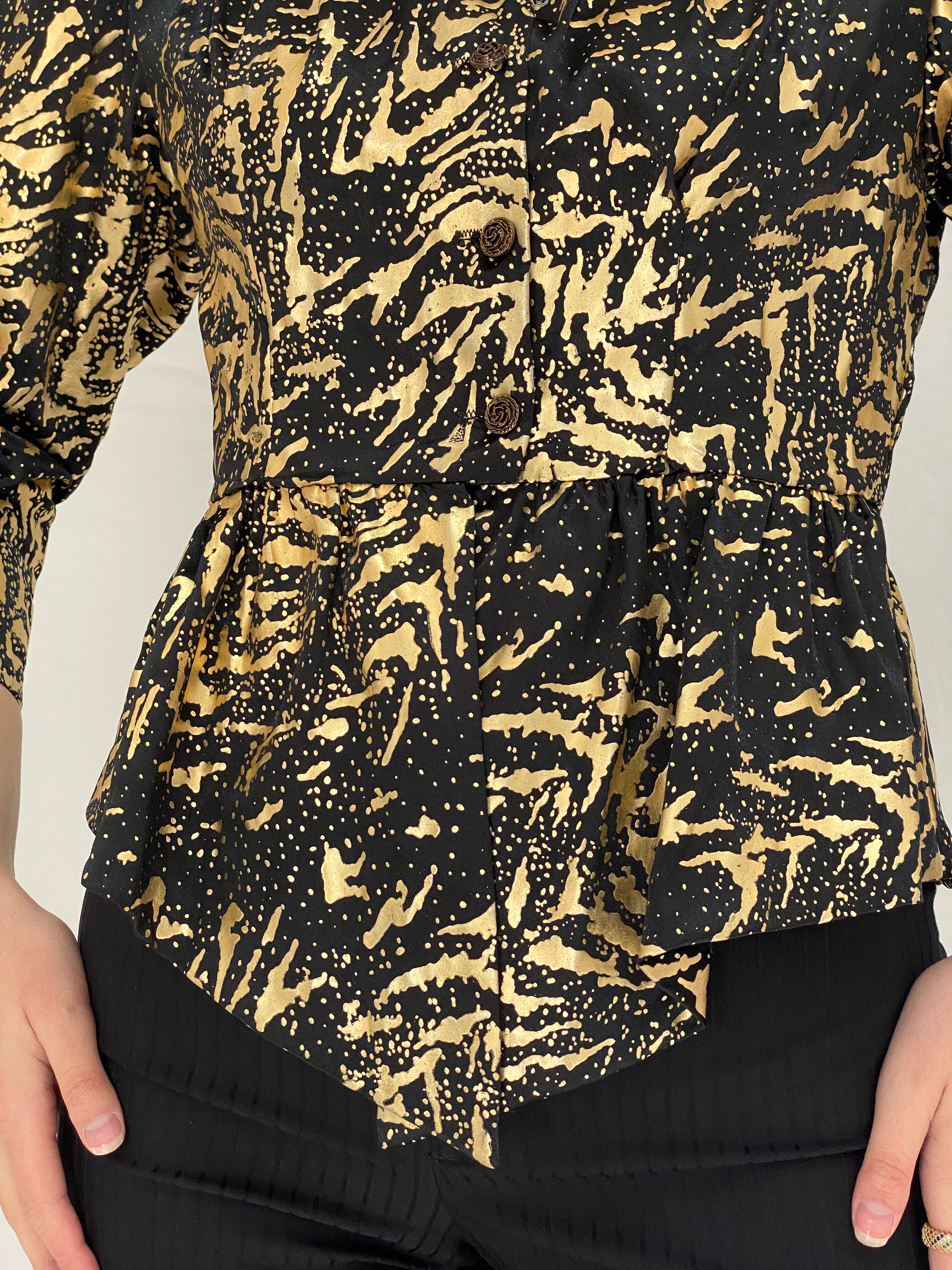 Vintage Black & Gold Abstract Print Peplum Blouse with Puff Sleeves - S