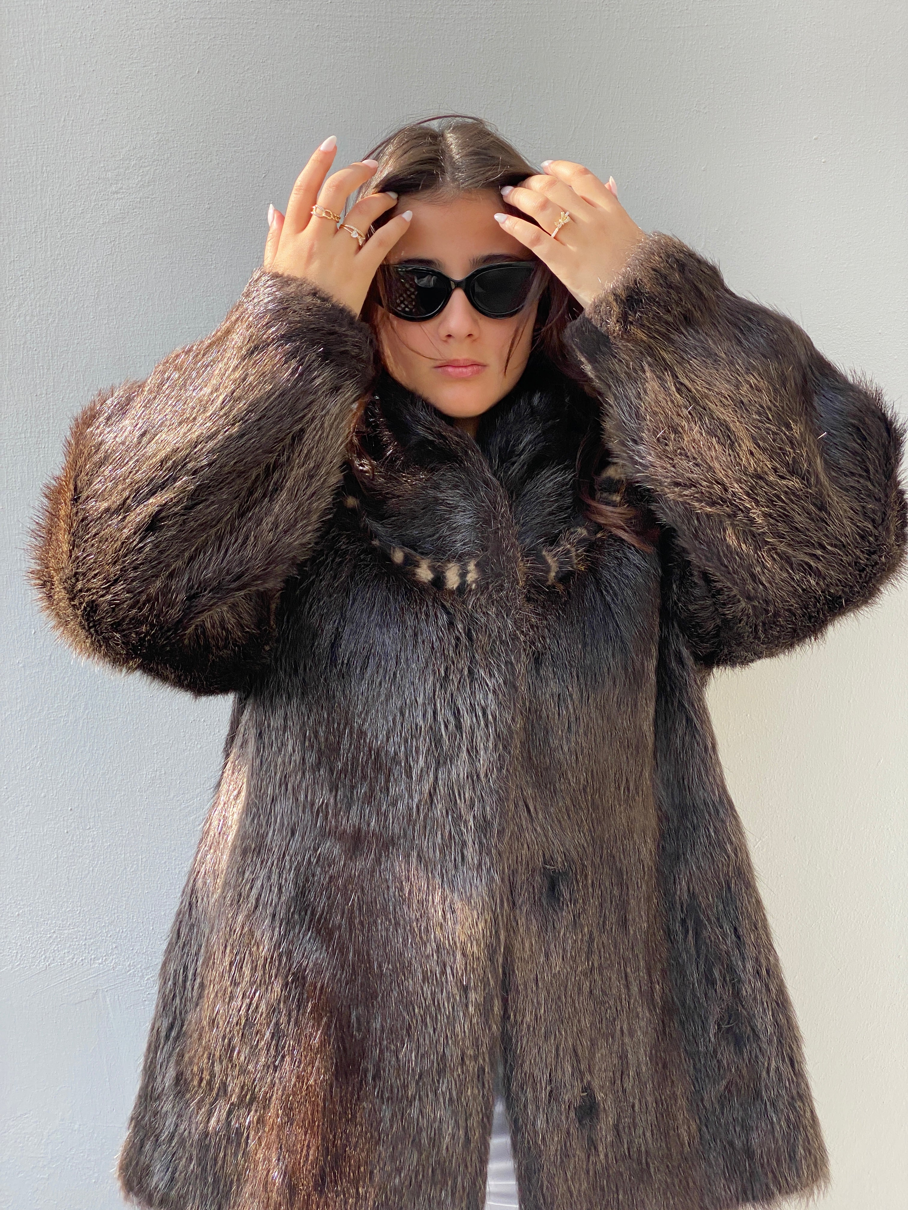 Vintage Real Raccoon Fur Coat Dark Brown Long-Hair Luxury Winter Jacket - L