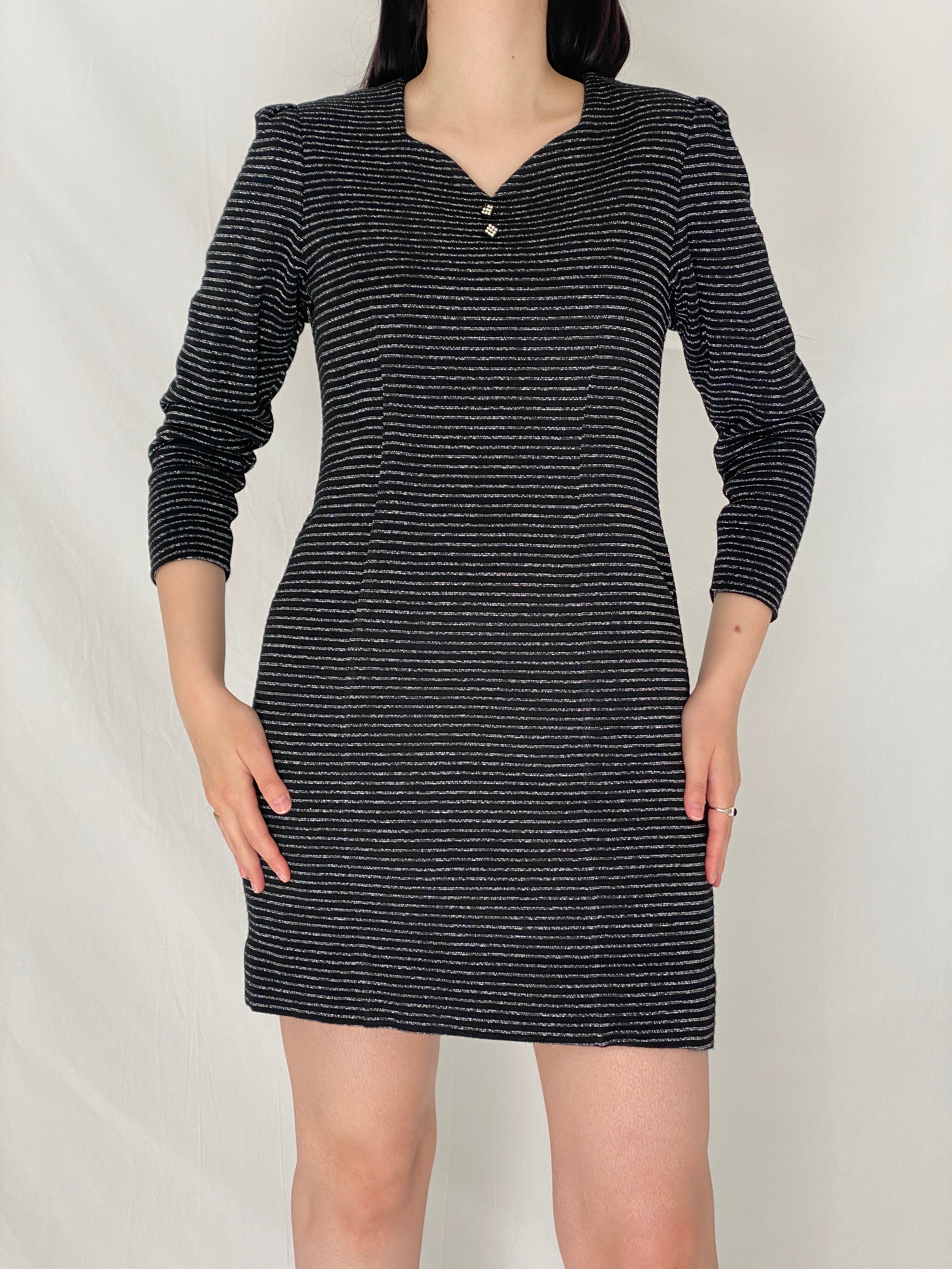 Vintage 90s Black Silver Striped Shimmer Mini Textured Evening Dress - M