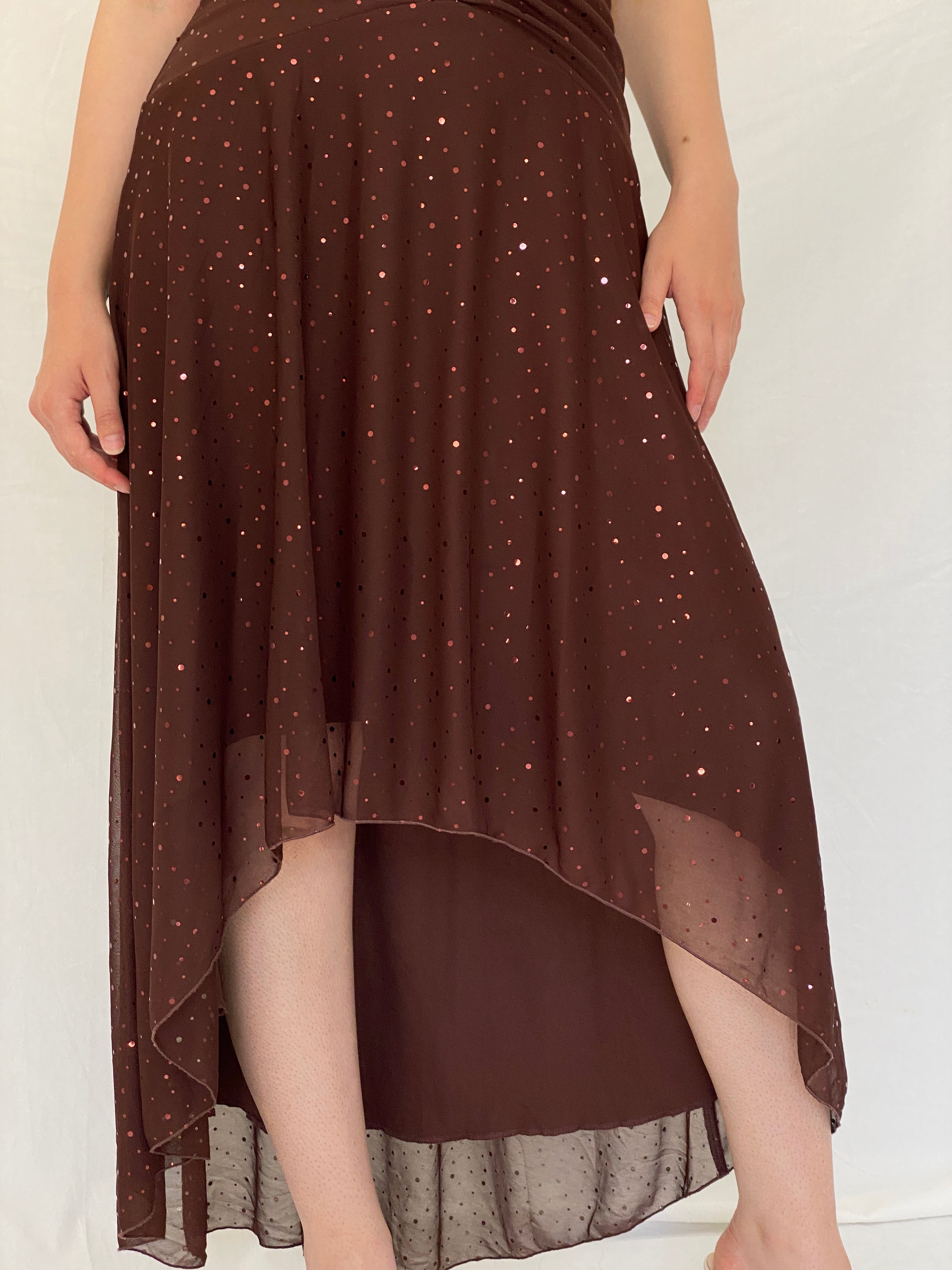 Vintage Y2K City Triangles Chocolate Brown Sequin Ruched Halter High-Low Maxi Dress - M