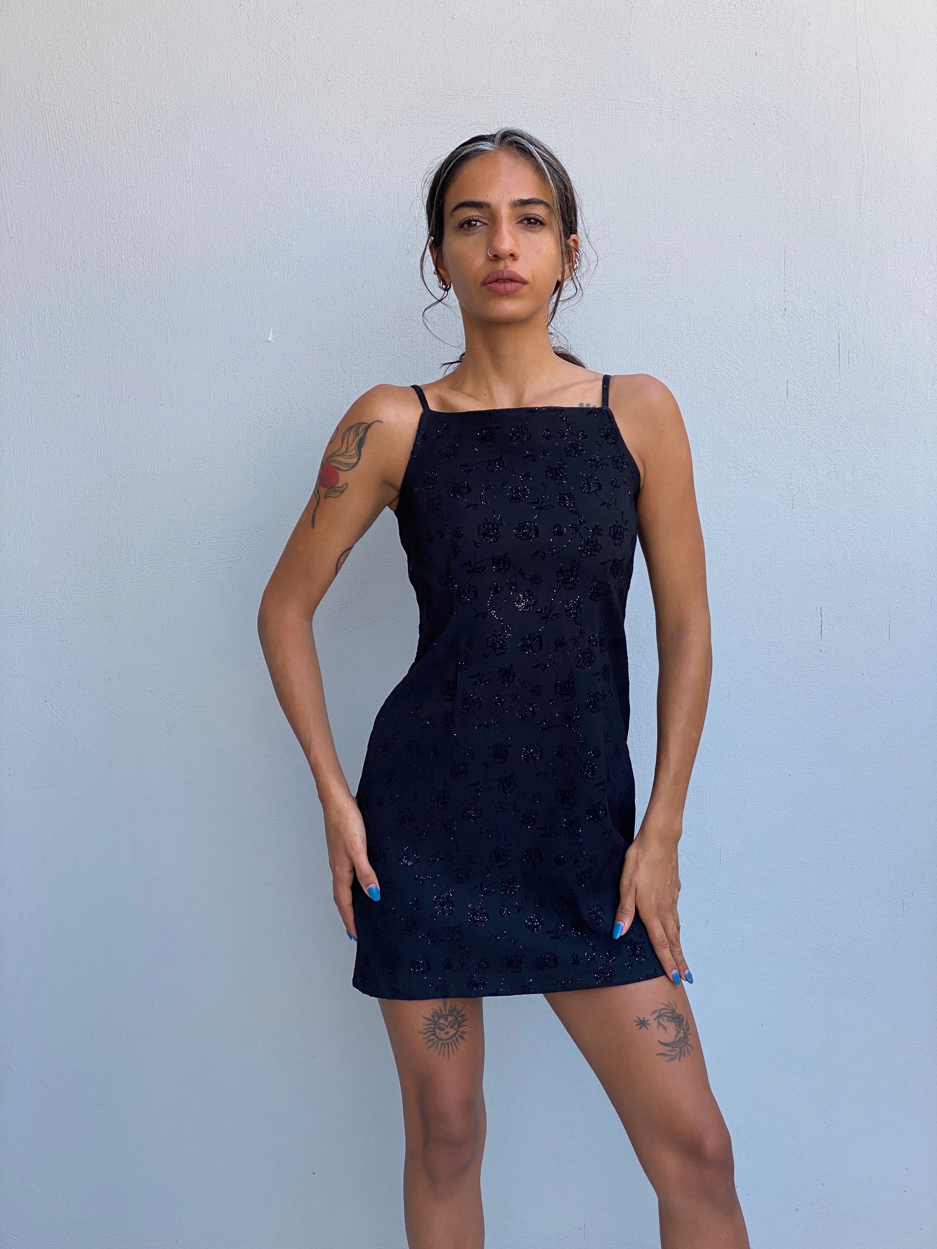 Vintage 90s Limited Too Black Floral Glitter Mini Dress - S