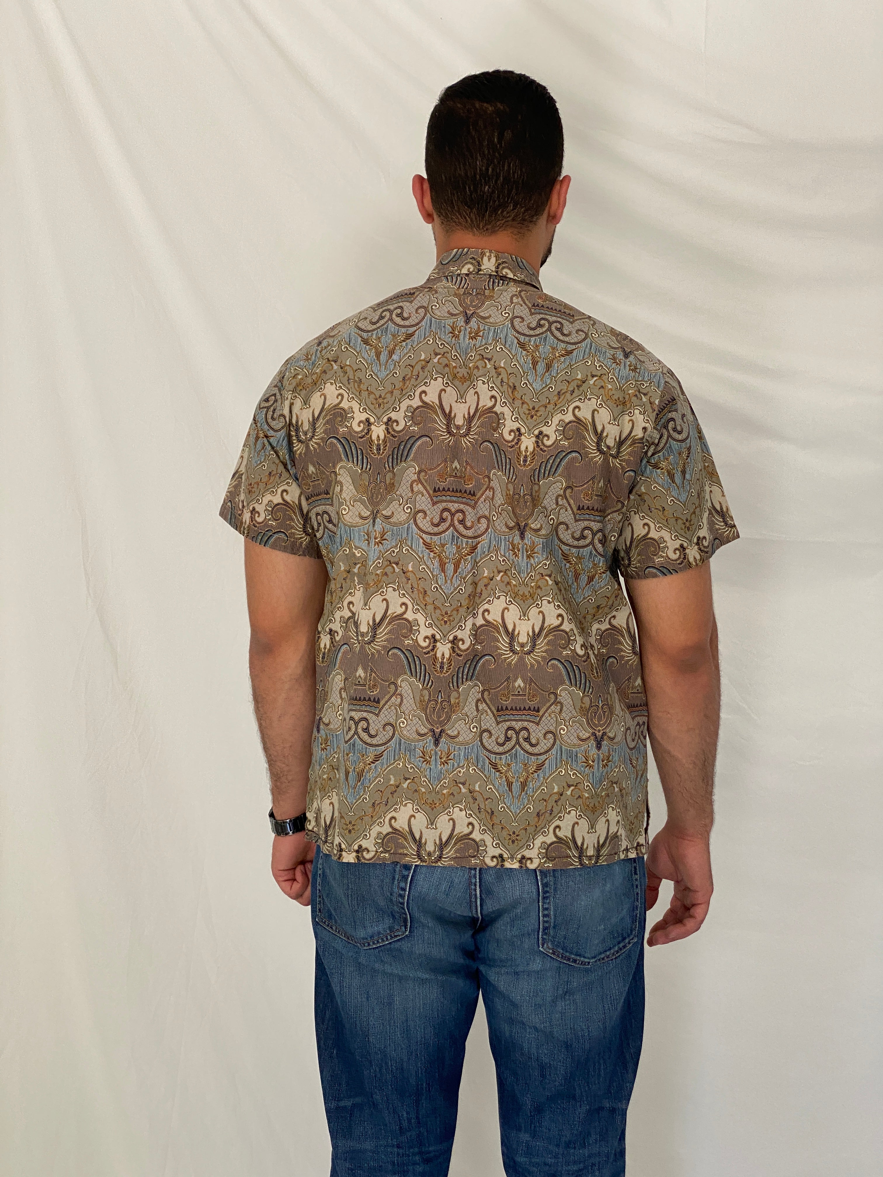 Vintage 90s Baroque Paisley Print Short Sleeve Cotton Button-Up Shirt – XL