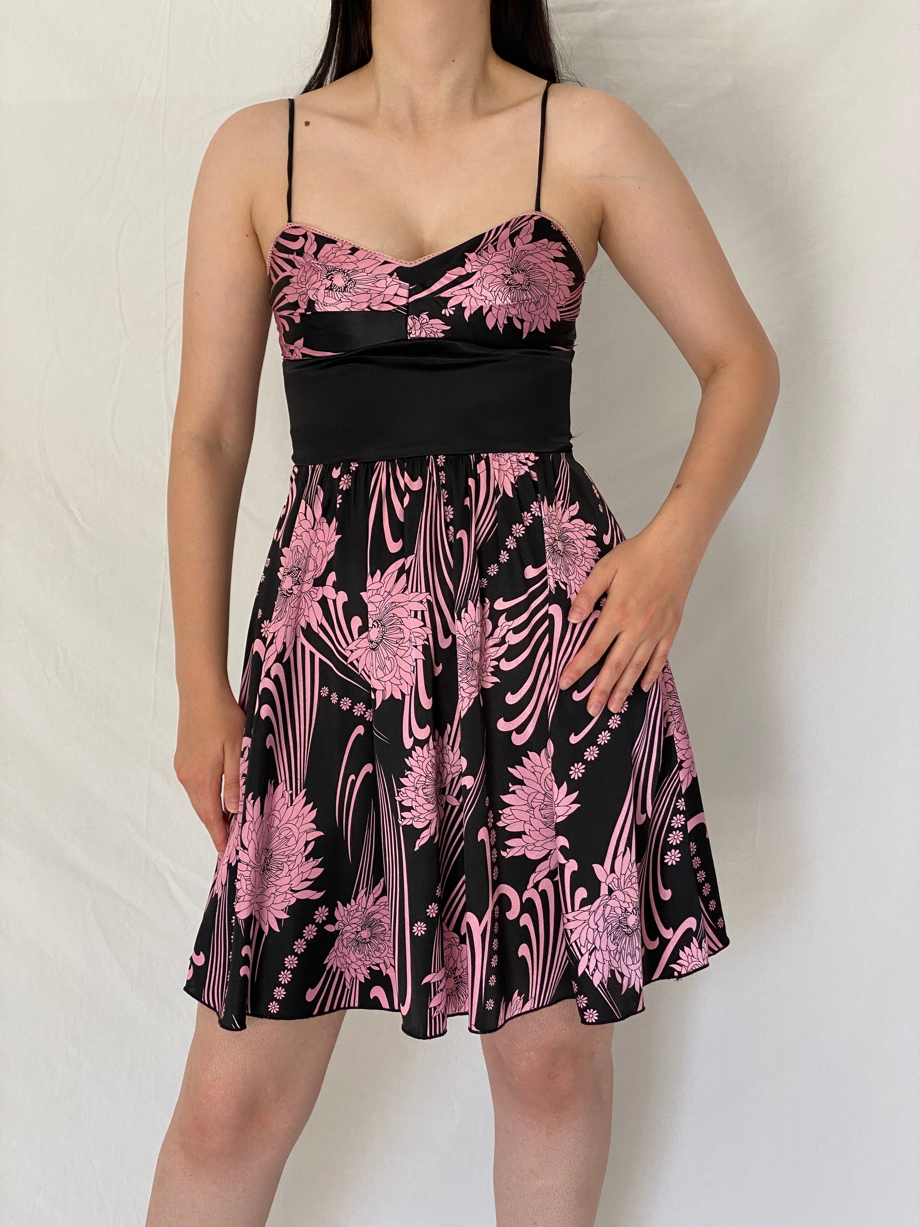 Vintage Y2K OXOXO Collection Black & Pink Floral Satin Dress – S