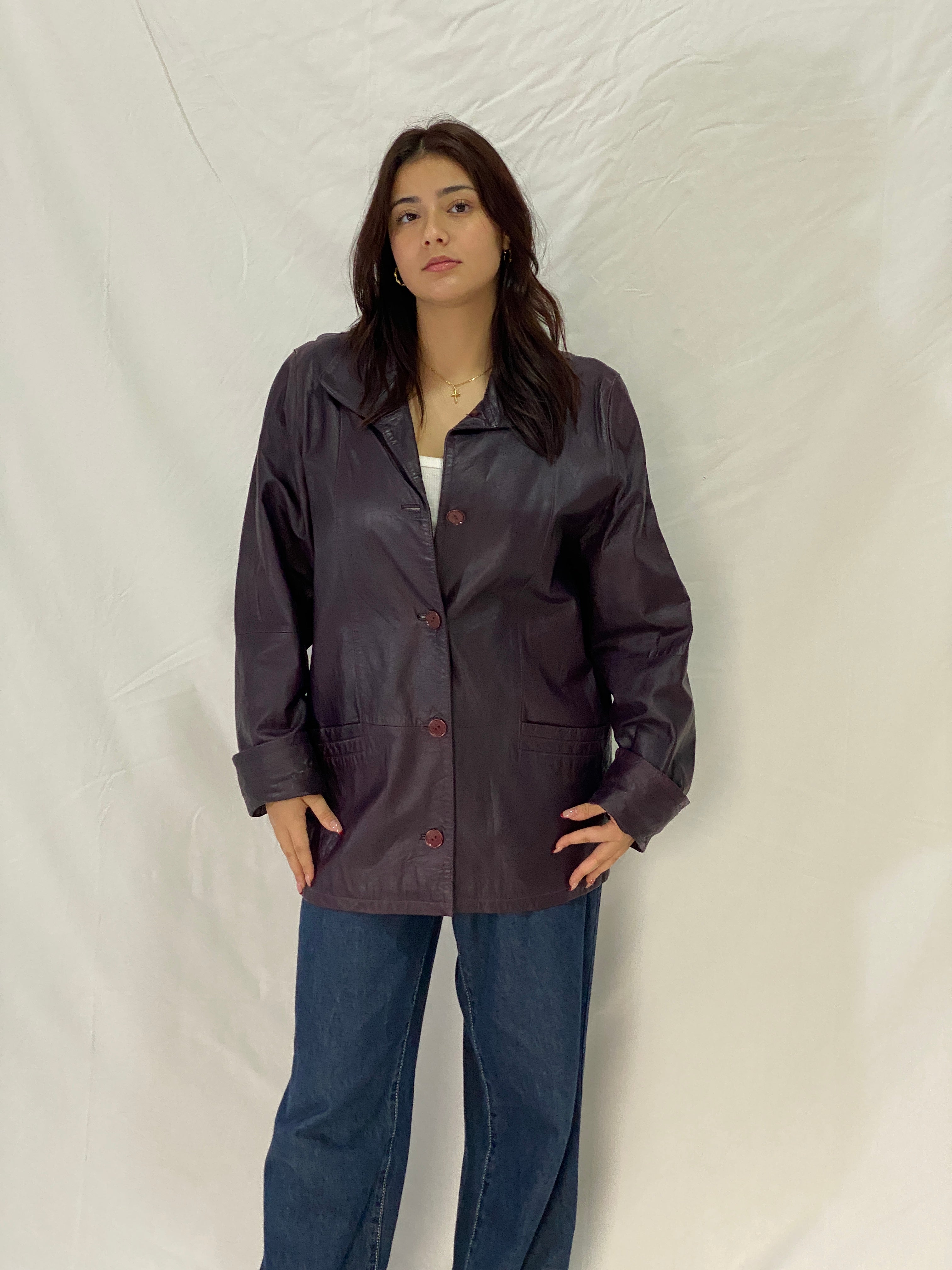 Vintage PER ME Purple Genuine Leather Jacket Italian Tailored Button-Up Leather Coat - L