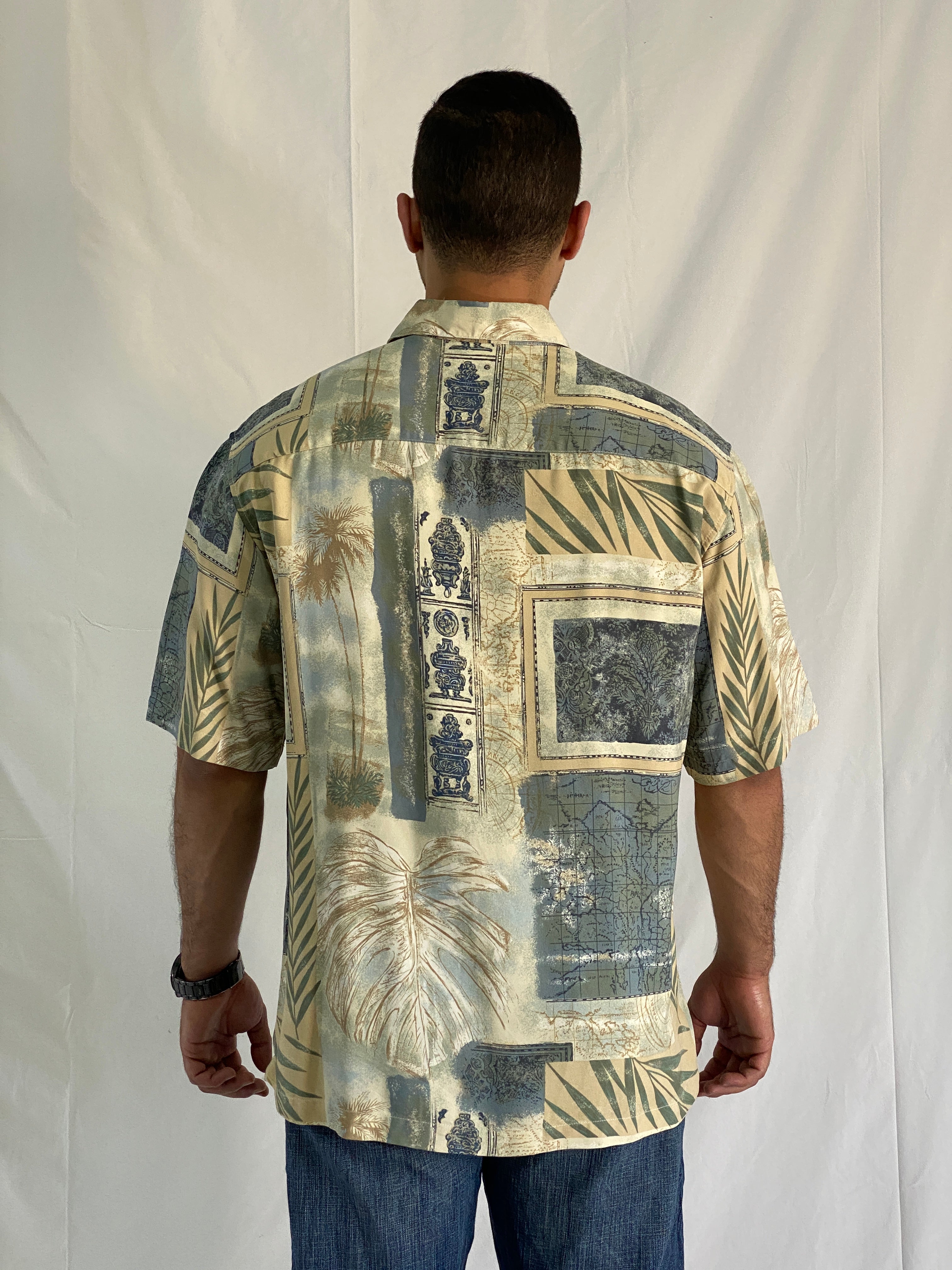 Vintage Tori Richard Silk Hawaiian Palm & Map Print Men’s Shirt - L