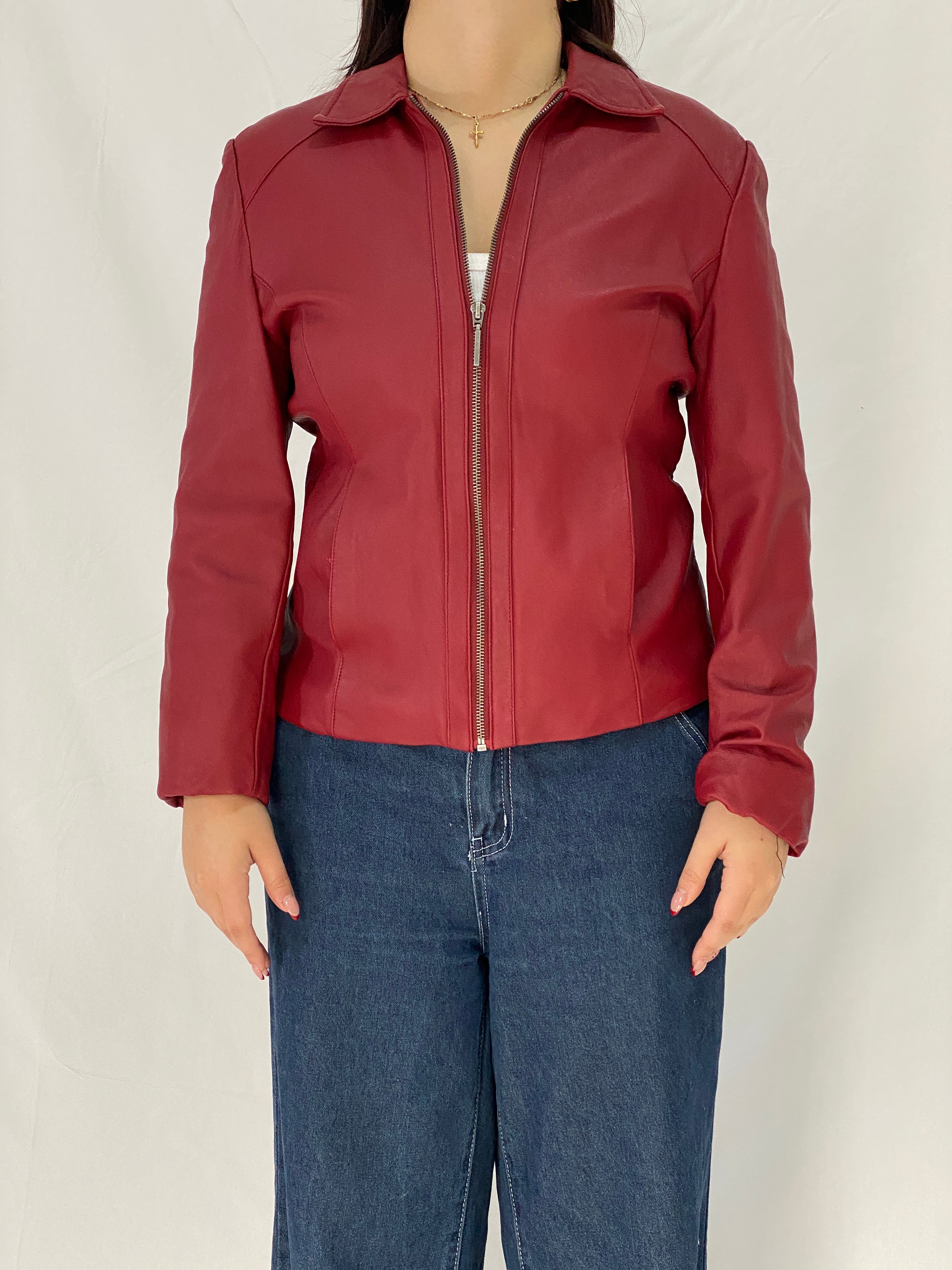 Vintage Adler Collection Burgundy Genuine Leather Zip-Up Jacket Tailored Women’s Leather Jacket – L