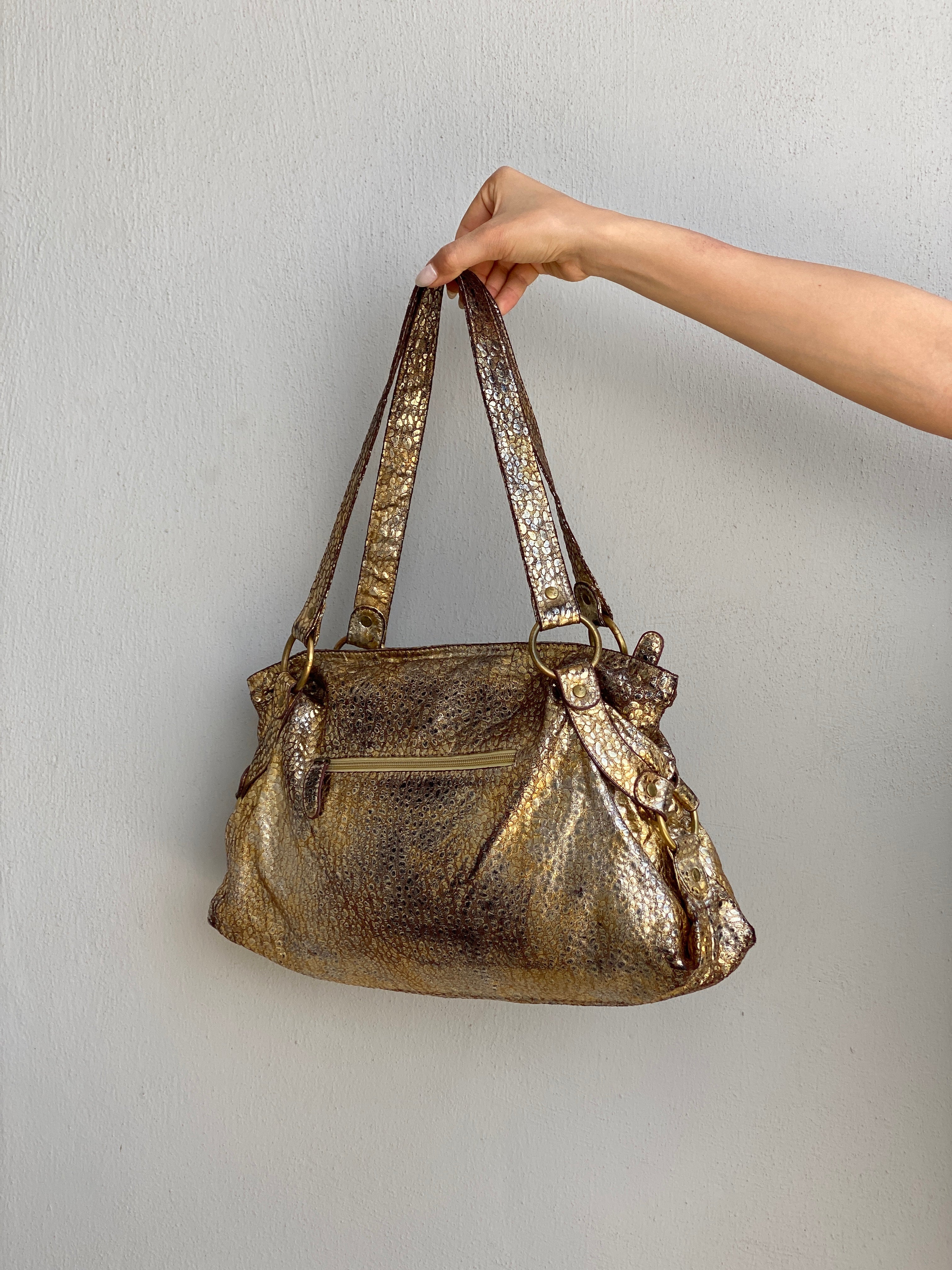 Vintage Y2K Metallic Gold Faux Snakeskin Shoulder Bag