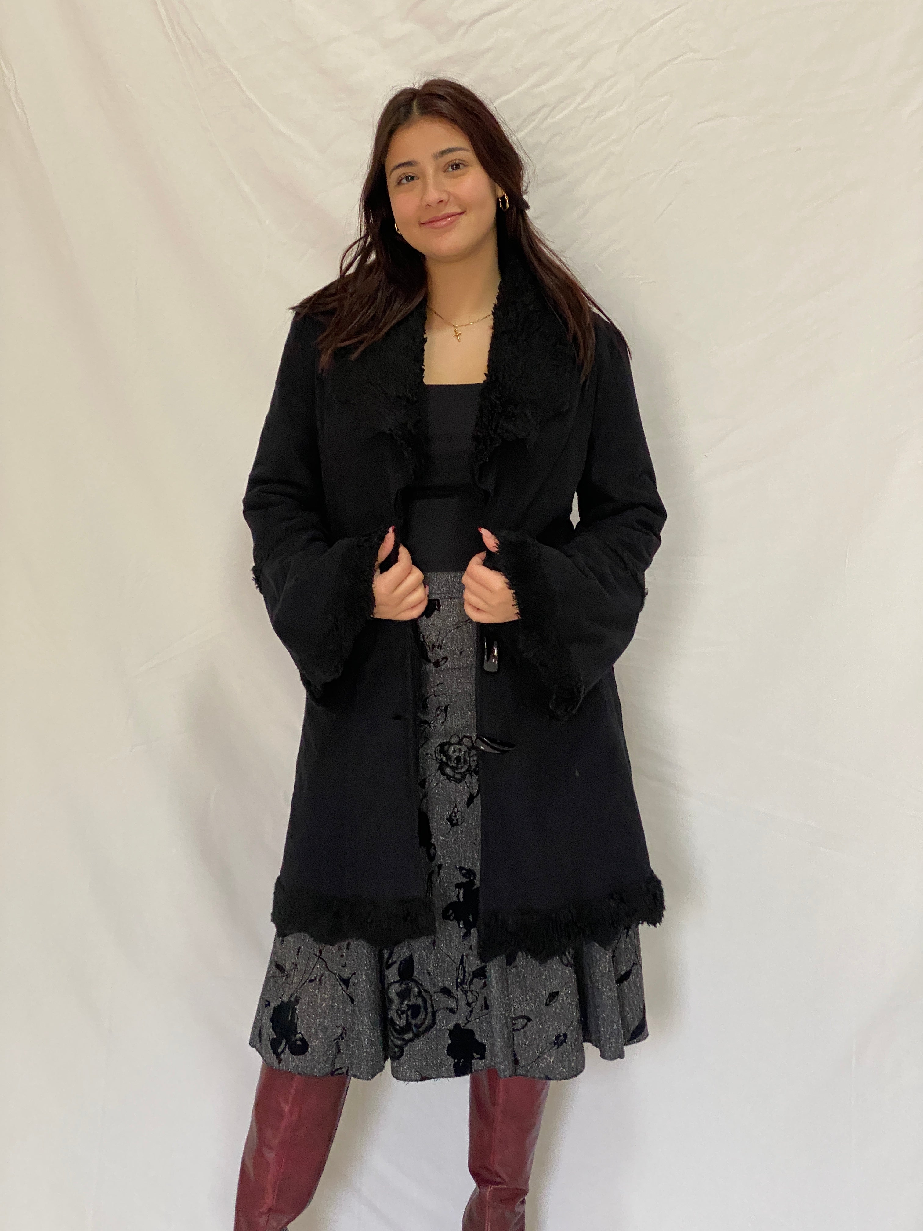 Vintage De Blue Black Penny Lane Faux Fur Lined Long Coat Toggle Closure Jacket - M