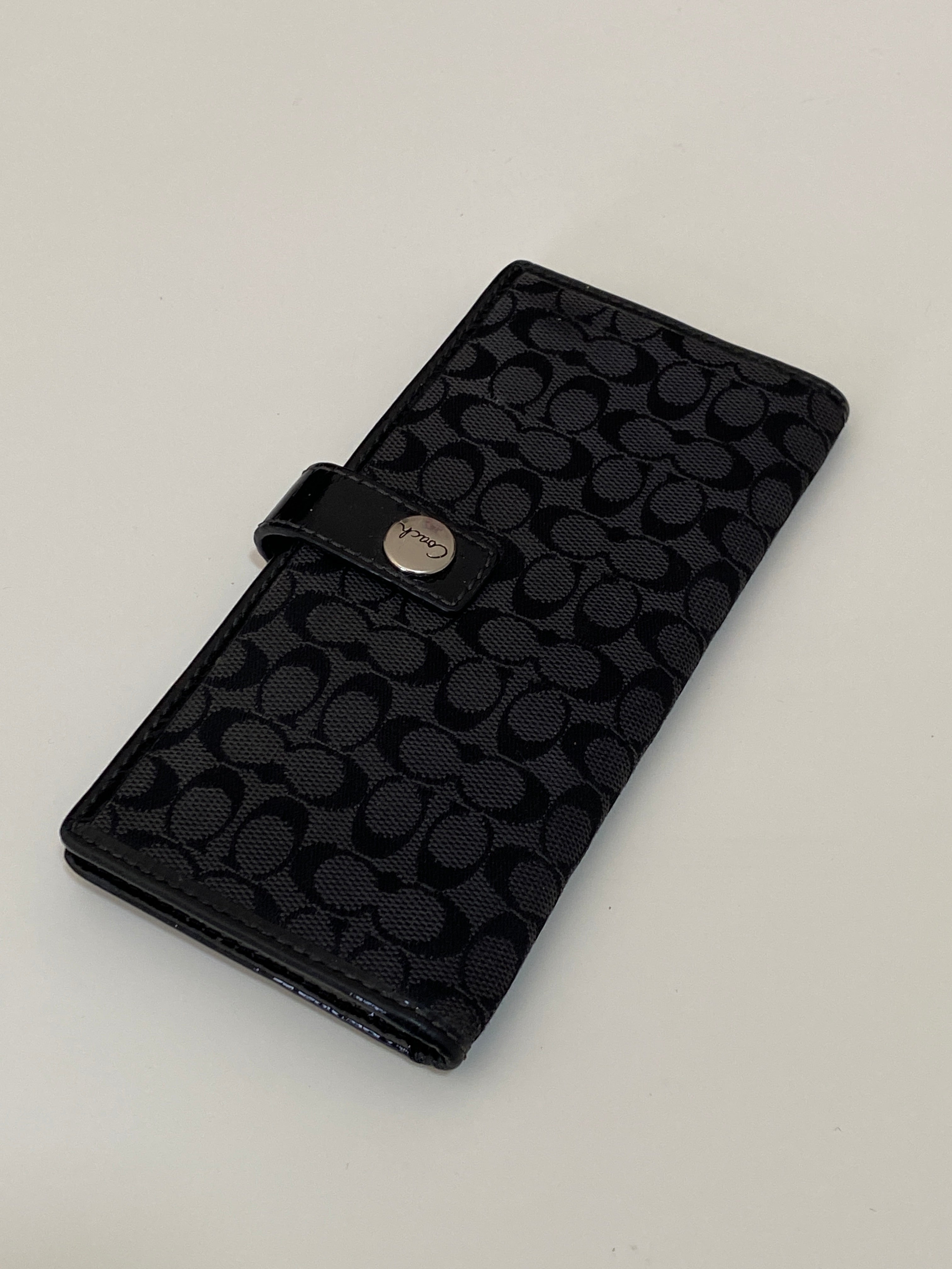 Coach Black Signature C Canvas Long Wallet with Leather Trim