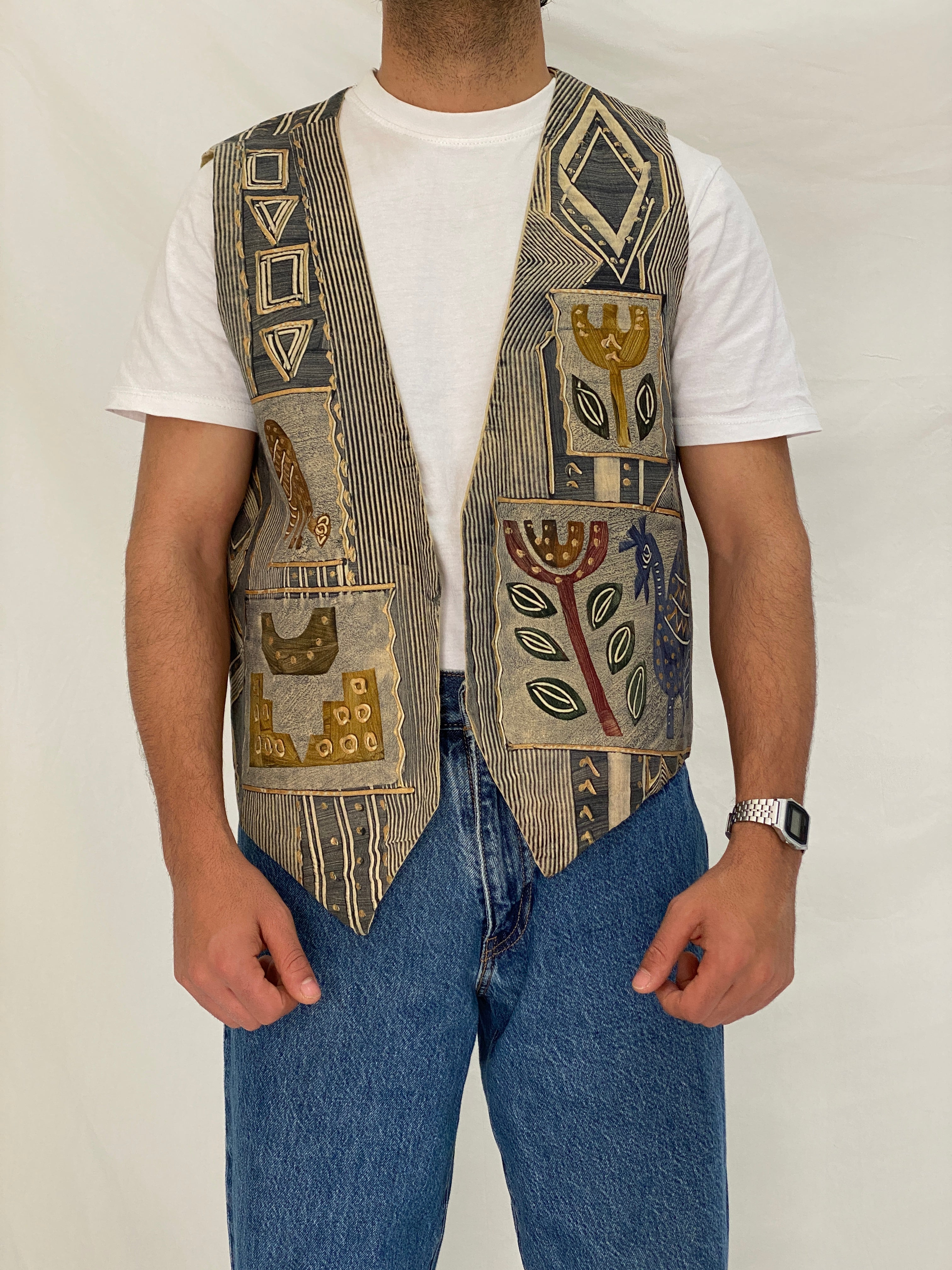 Vintage Africa Cloth Tribal Print Cotton Vest Beige Grey African Art Tapestry Vest - XL