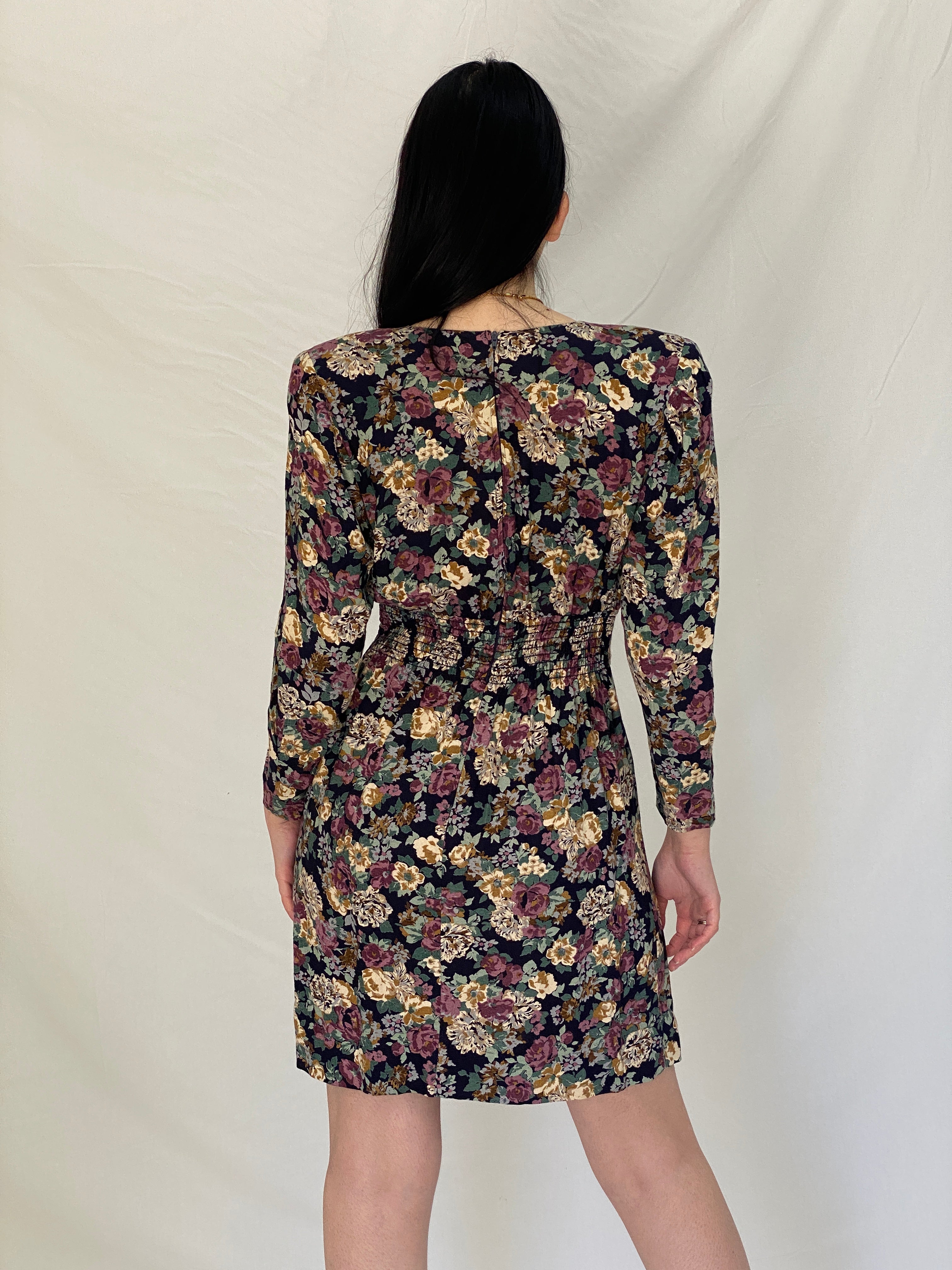 Vintage Petite Sophisticate Floral Dress Long Sleeve Fit & Flare Mini Dress, 90s Romantic Floral Dress - S