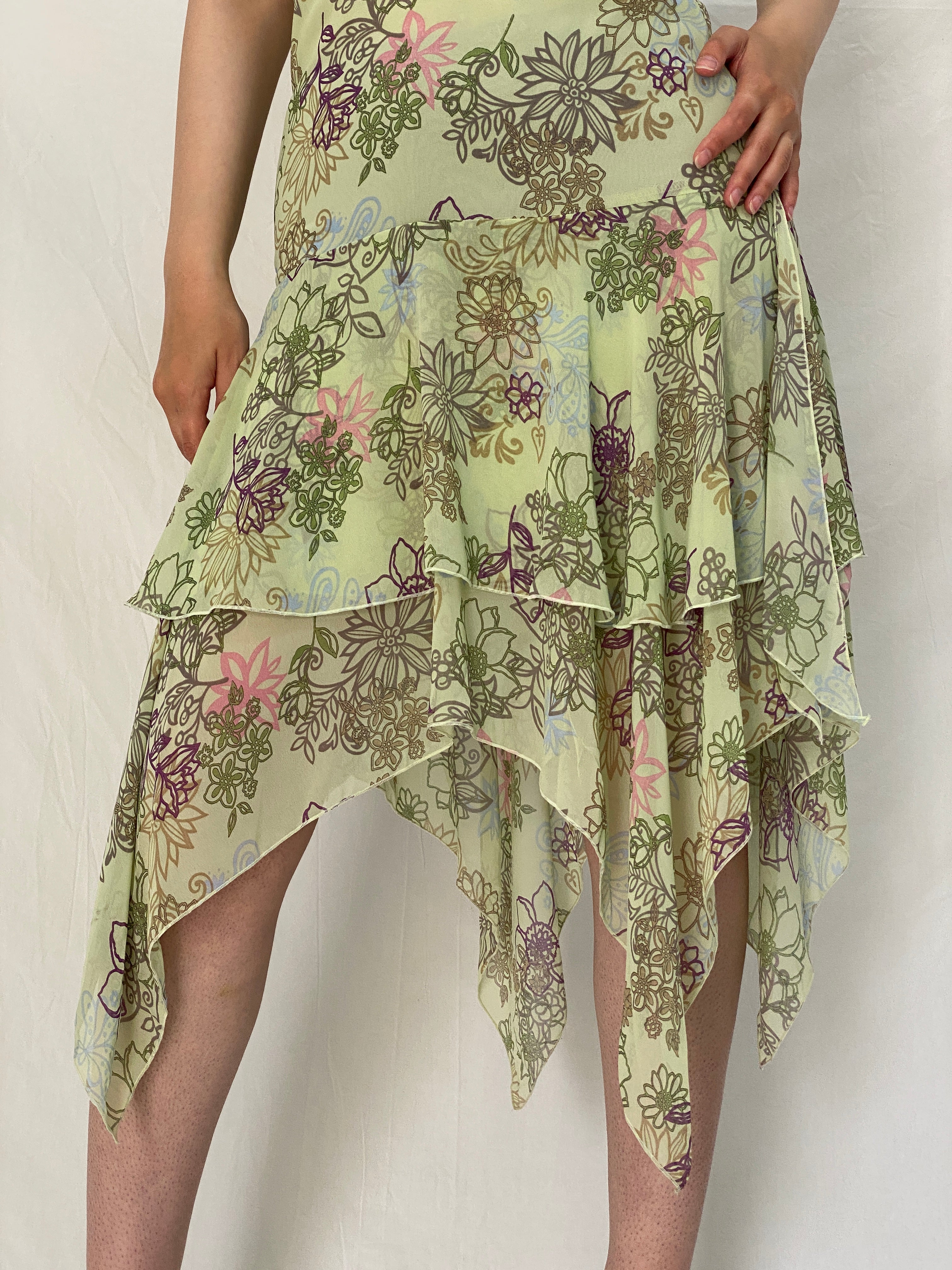 Y2K Portmans Pastel Green Floral Handkerchief Hem Halter Dress - M