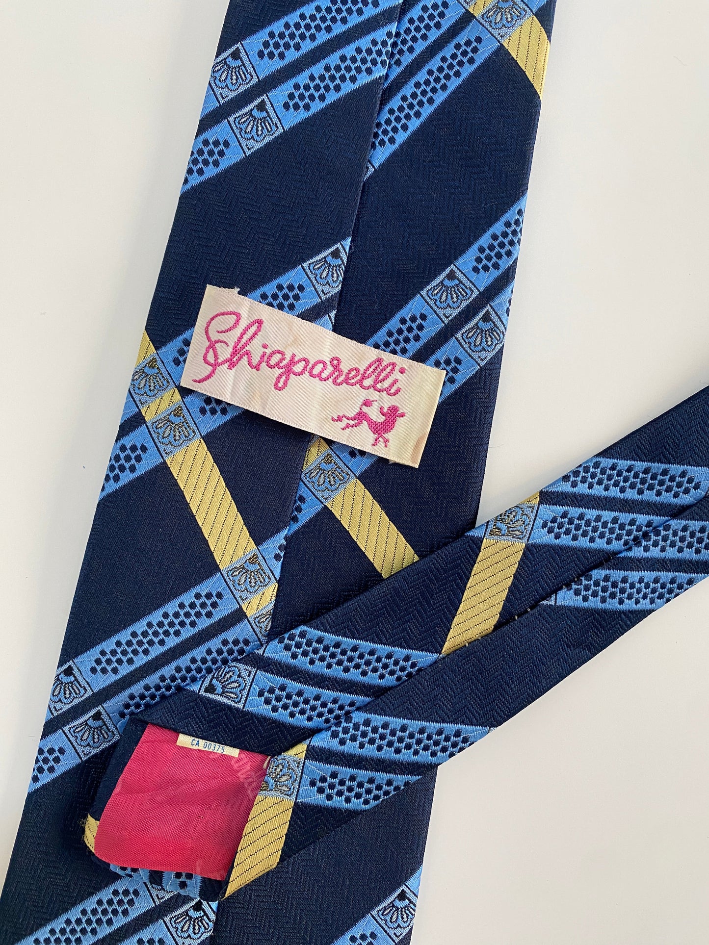 Vintage Schiaparelli Tie Navy & Yellow Geometric Stripe Rare Designer Label Tie