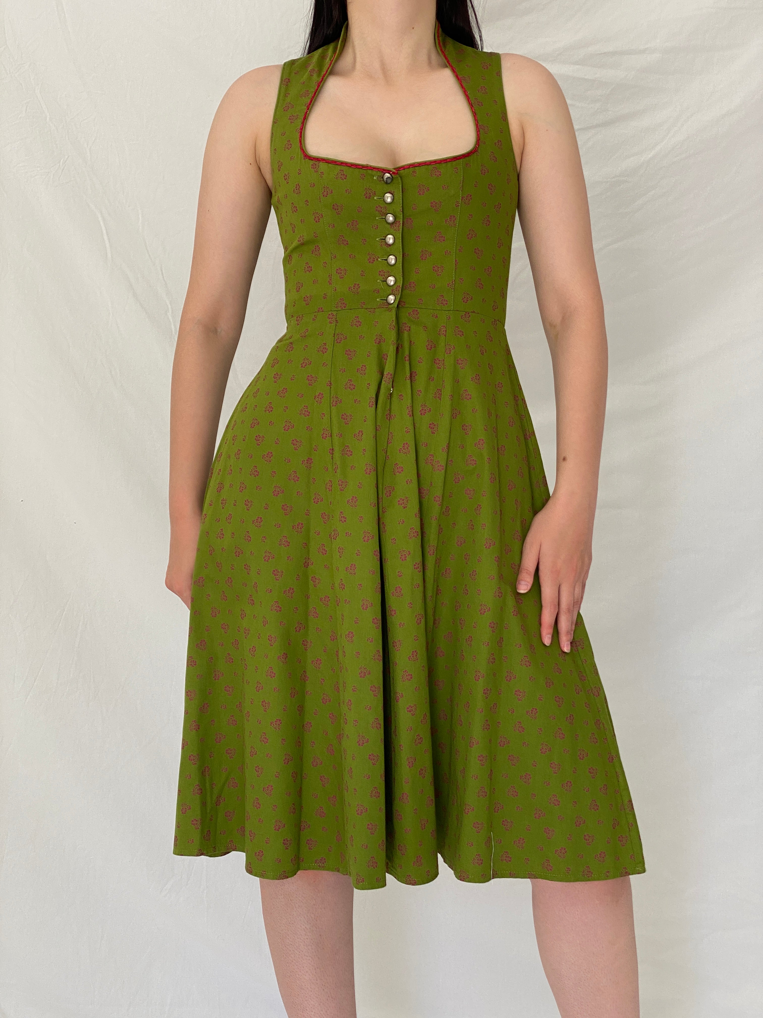 Vintage German Daller Tracht Green Cotton Floral Dirndl Folk Dress – S