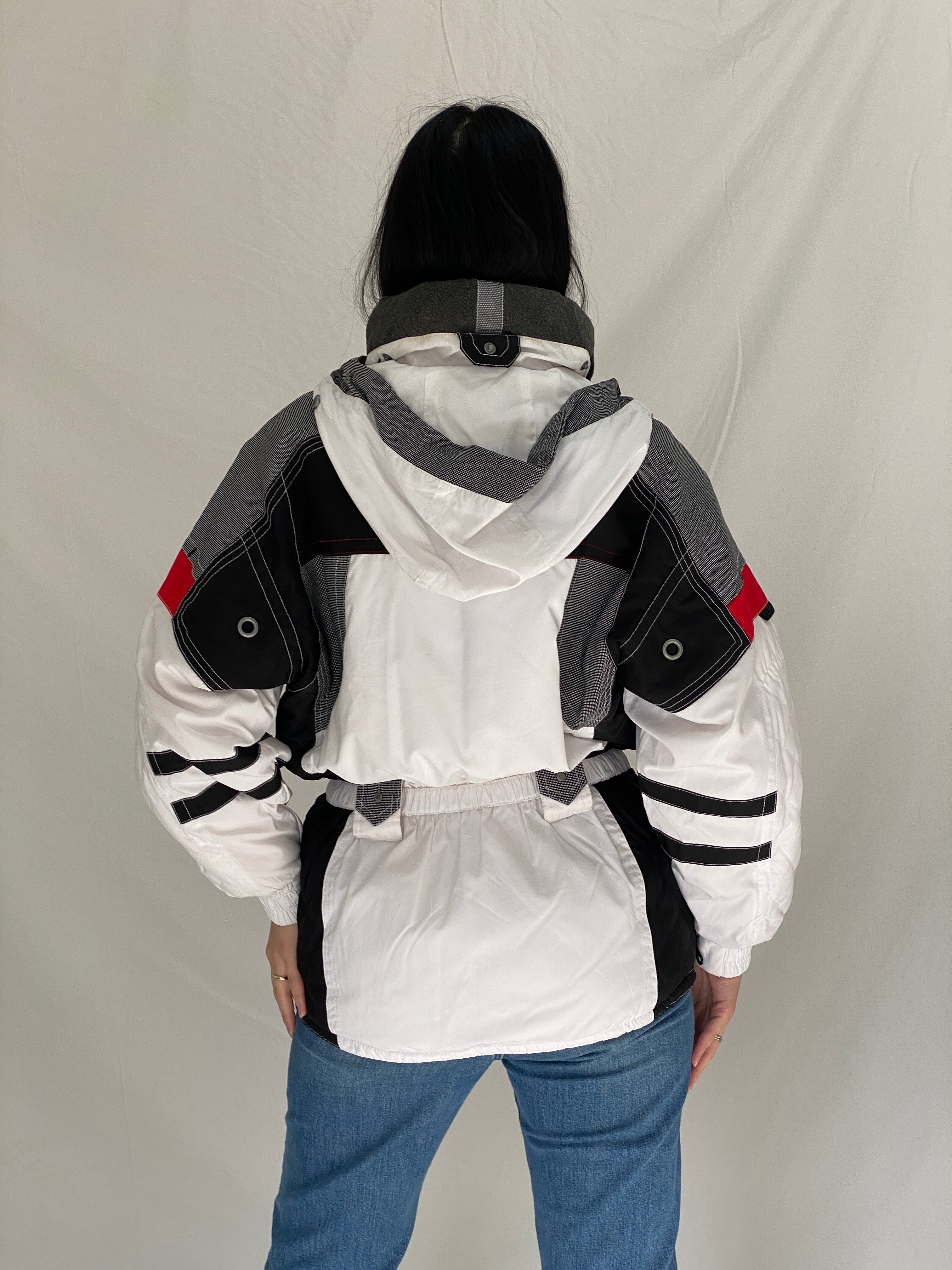 Vintage 90s Rodeo Colorblock Ski Jacket Retro White Black Red Windbreaker - S