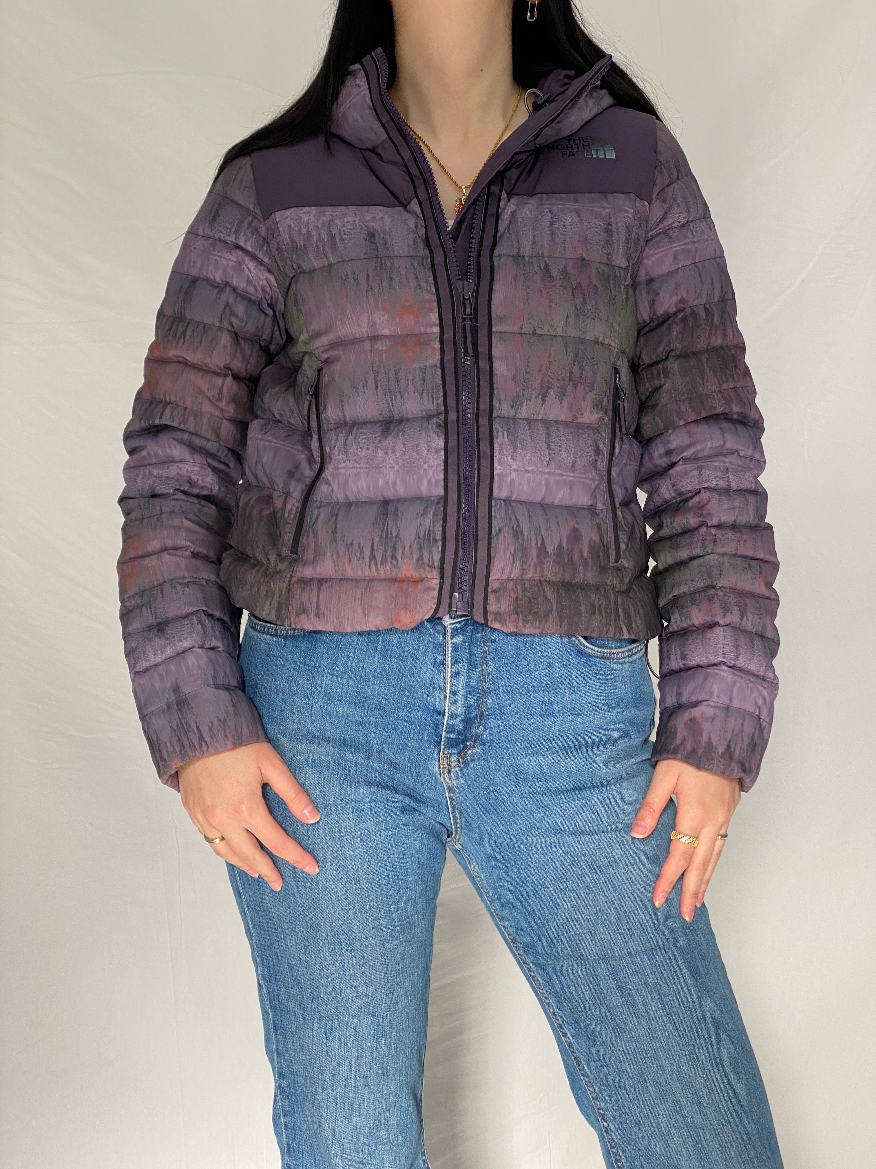 The North Face Purple Forest Print TNF Packable Fitted Puffer Jacket with Hood - M