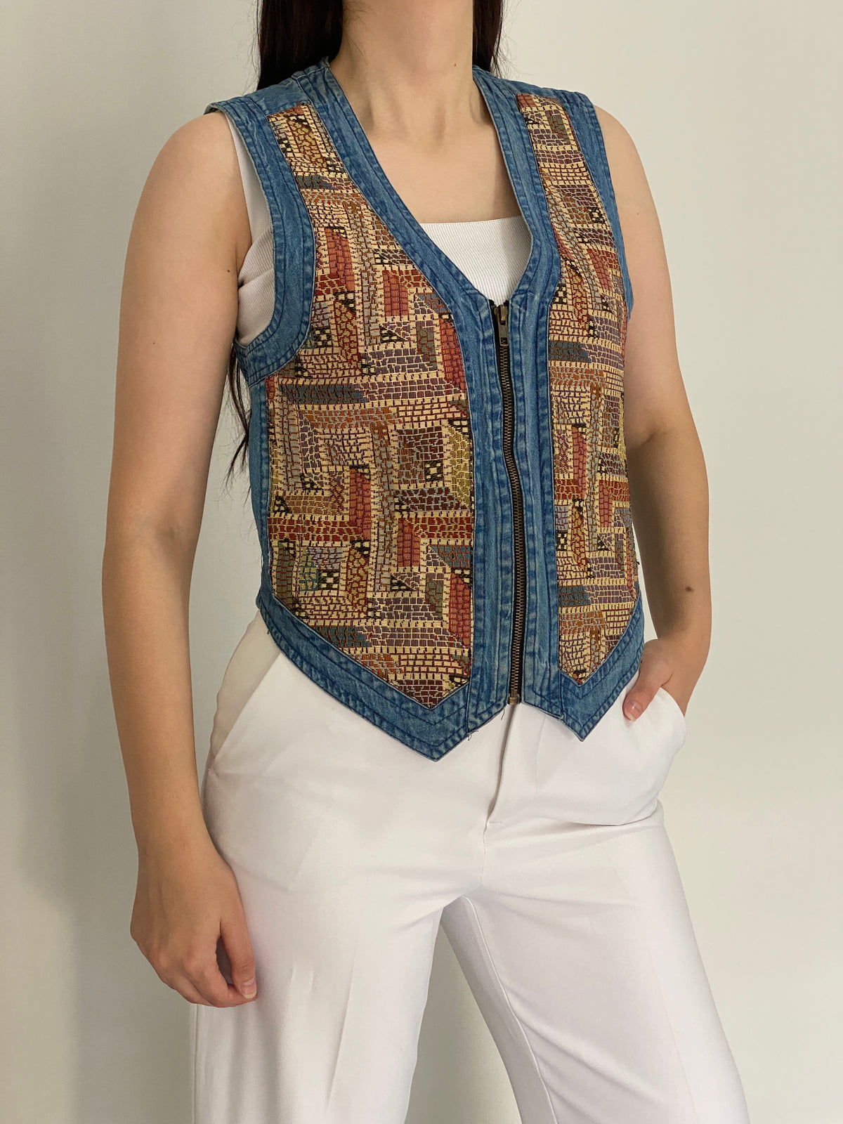 Vintage 90s New Direction Denim & Mosaic Tapestry Zip-Up Vest – M