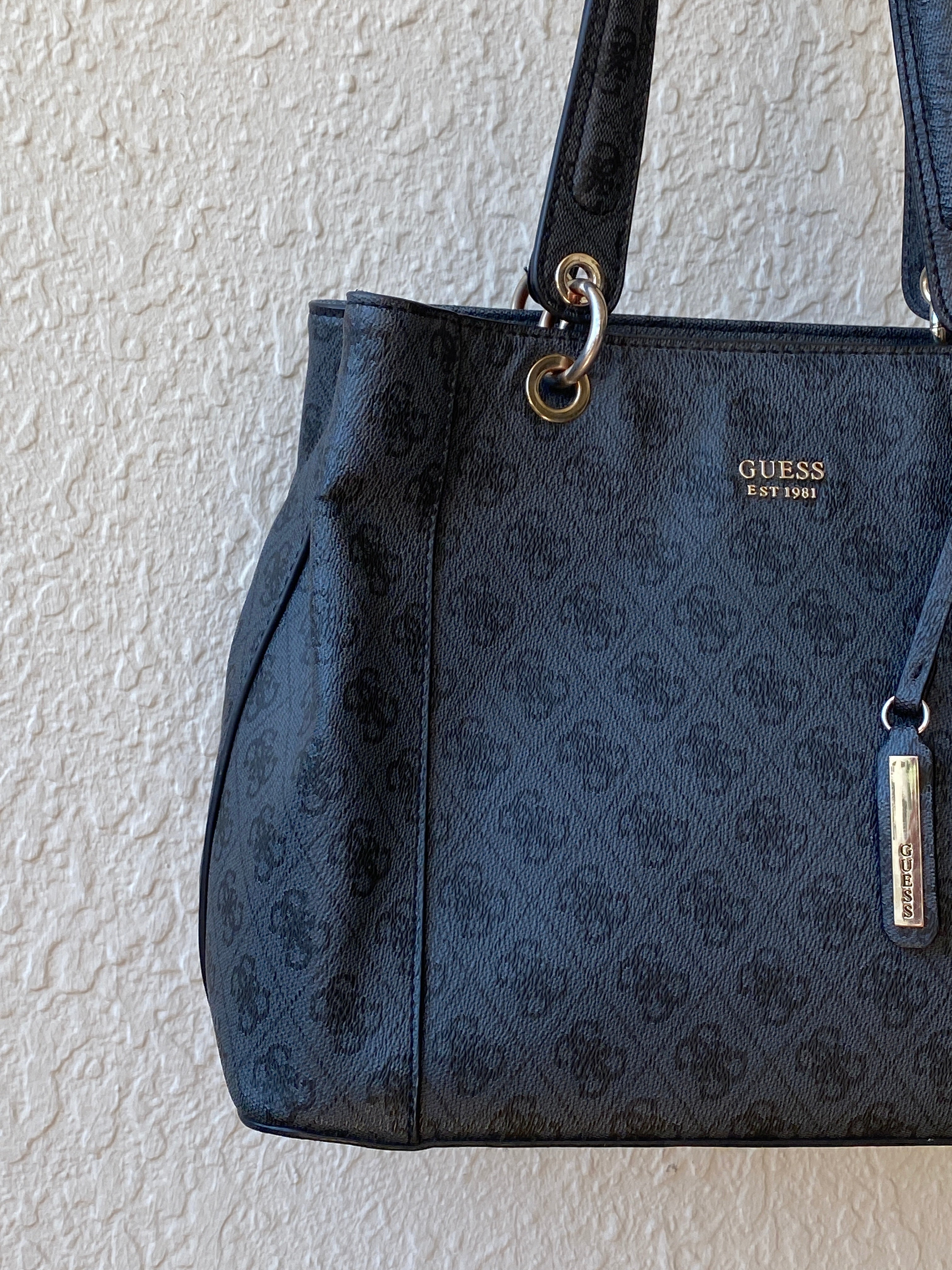 Vintage Y2K GUESS Black Monogram Logo Structured Tote Shoulder Bag