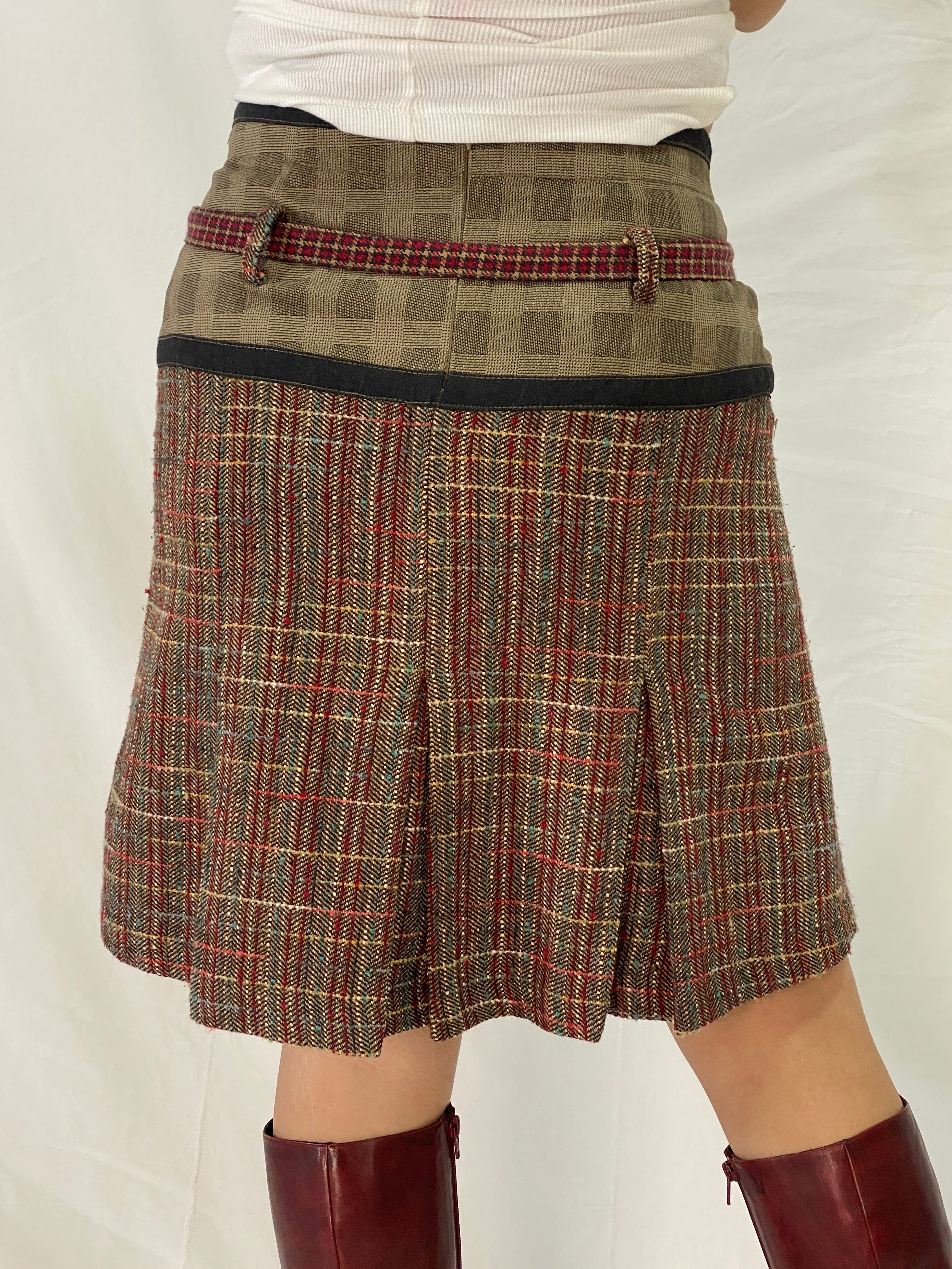 Beautiful Not The Same Red Brown Tweed Pleated Short Belted Skirt - M