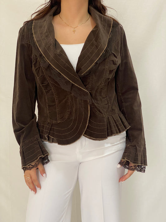 Vintage Tence Brown Blazer Ruffle Trim & Lace Cuff Victorian Style Jacket - L
