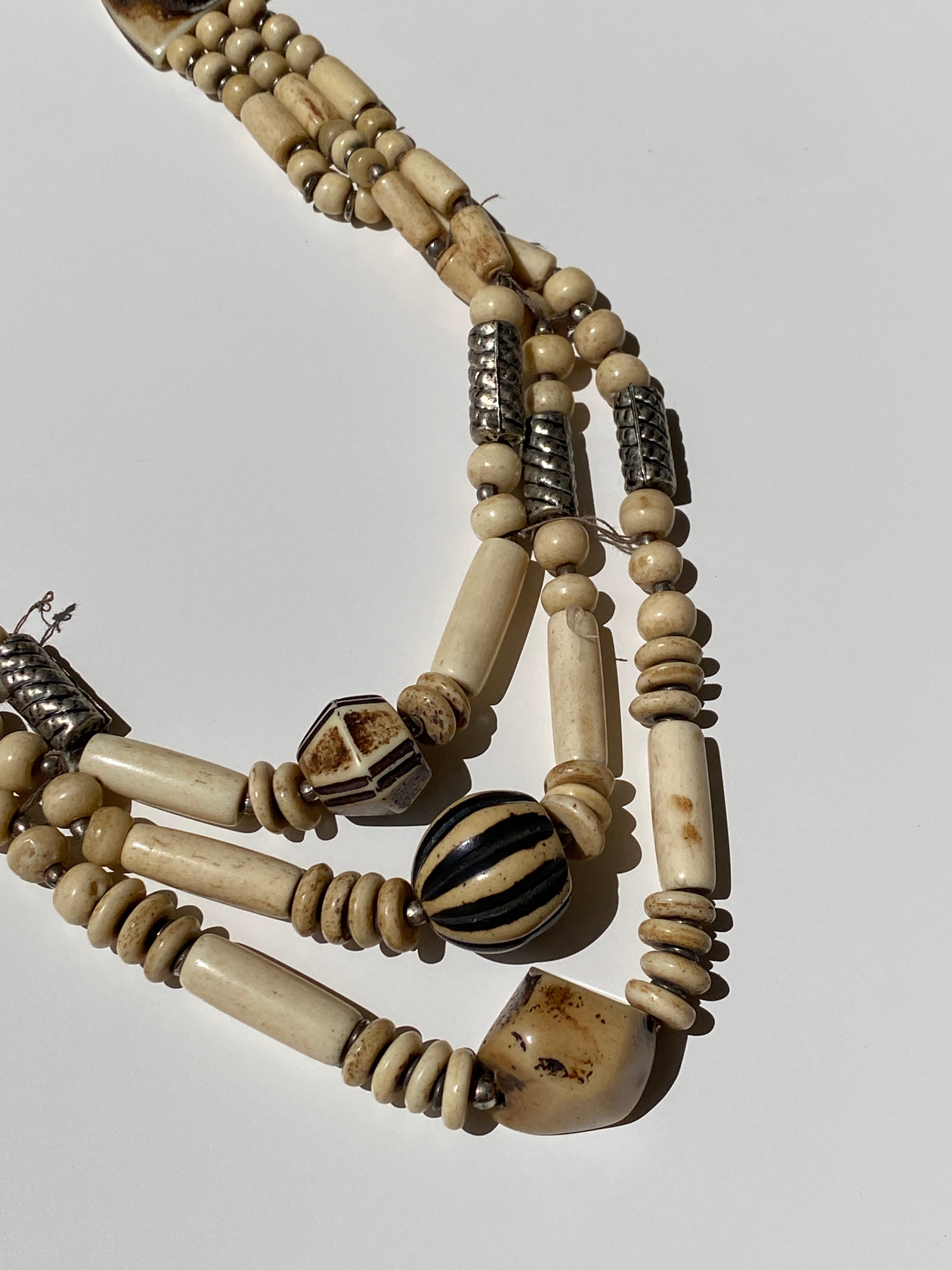 Vintage Tribal Bone & Black Stripe Bead Multi-Strand Artisan Necklace