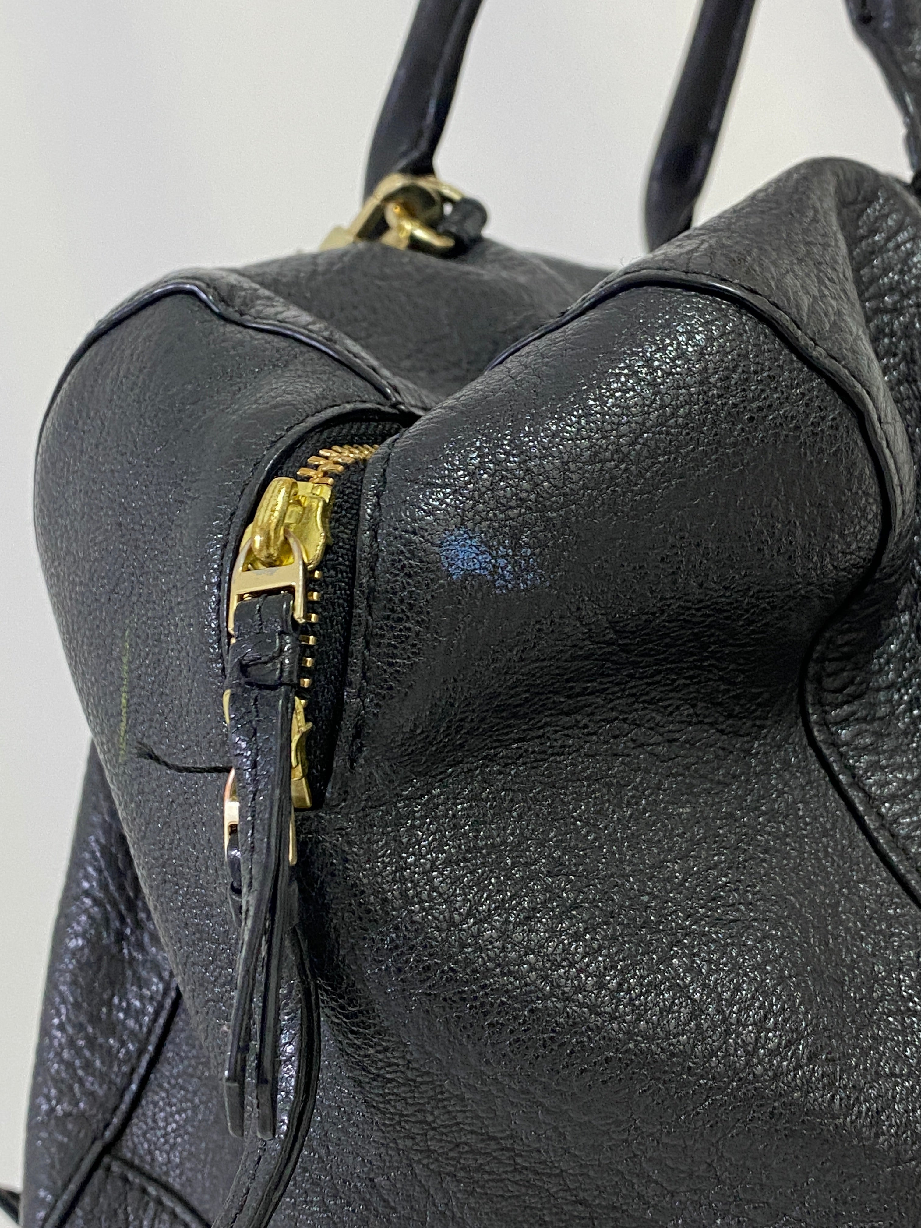 Tory Burch Marion Black Pebbled Leather Satchel Bowler Bag with Gold Hardware