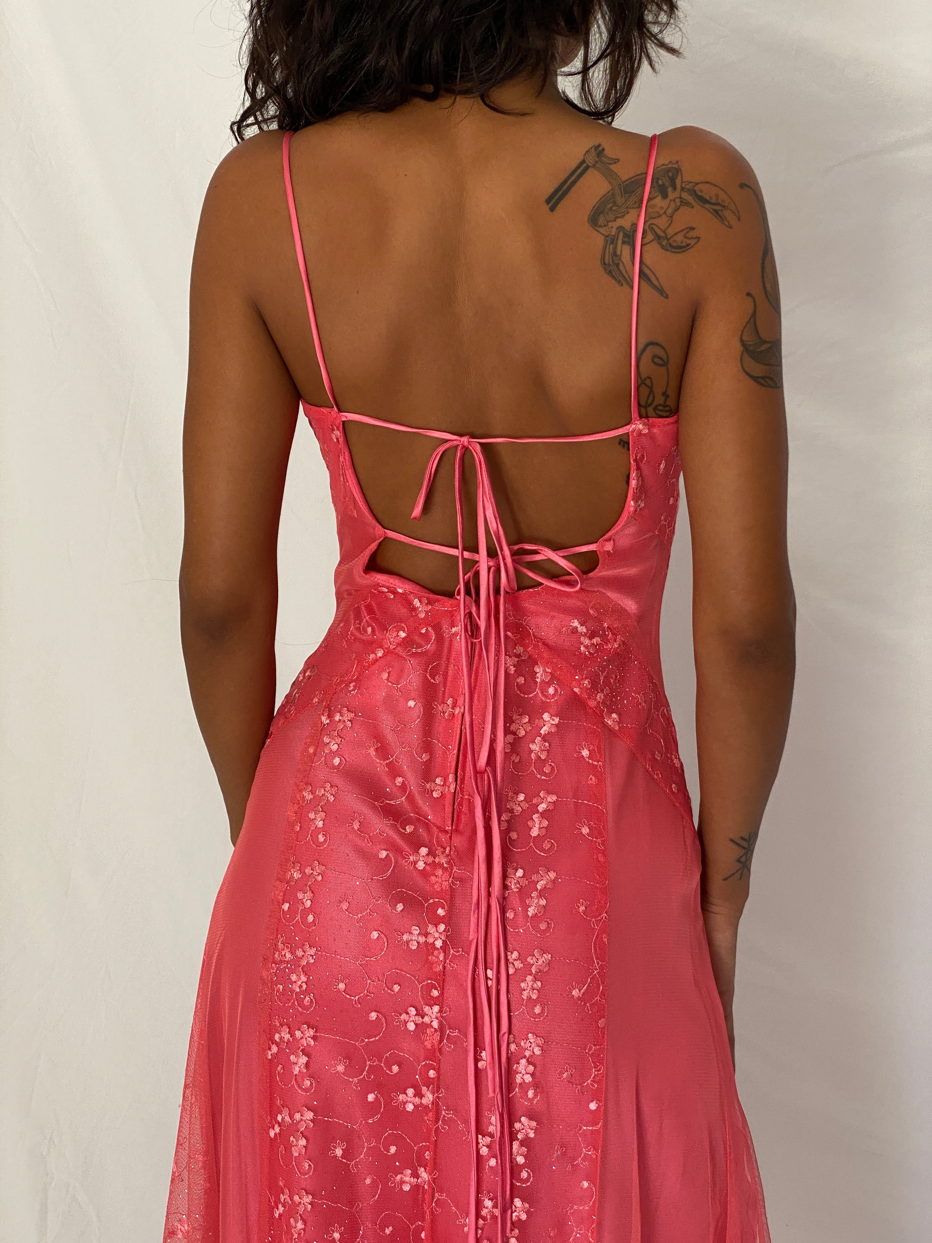 Vintage Y2K Eureka USA Hot Pink Embroidered Glitter Mesh High-Low Dress - XS