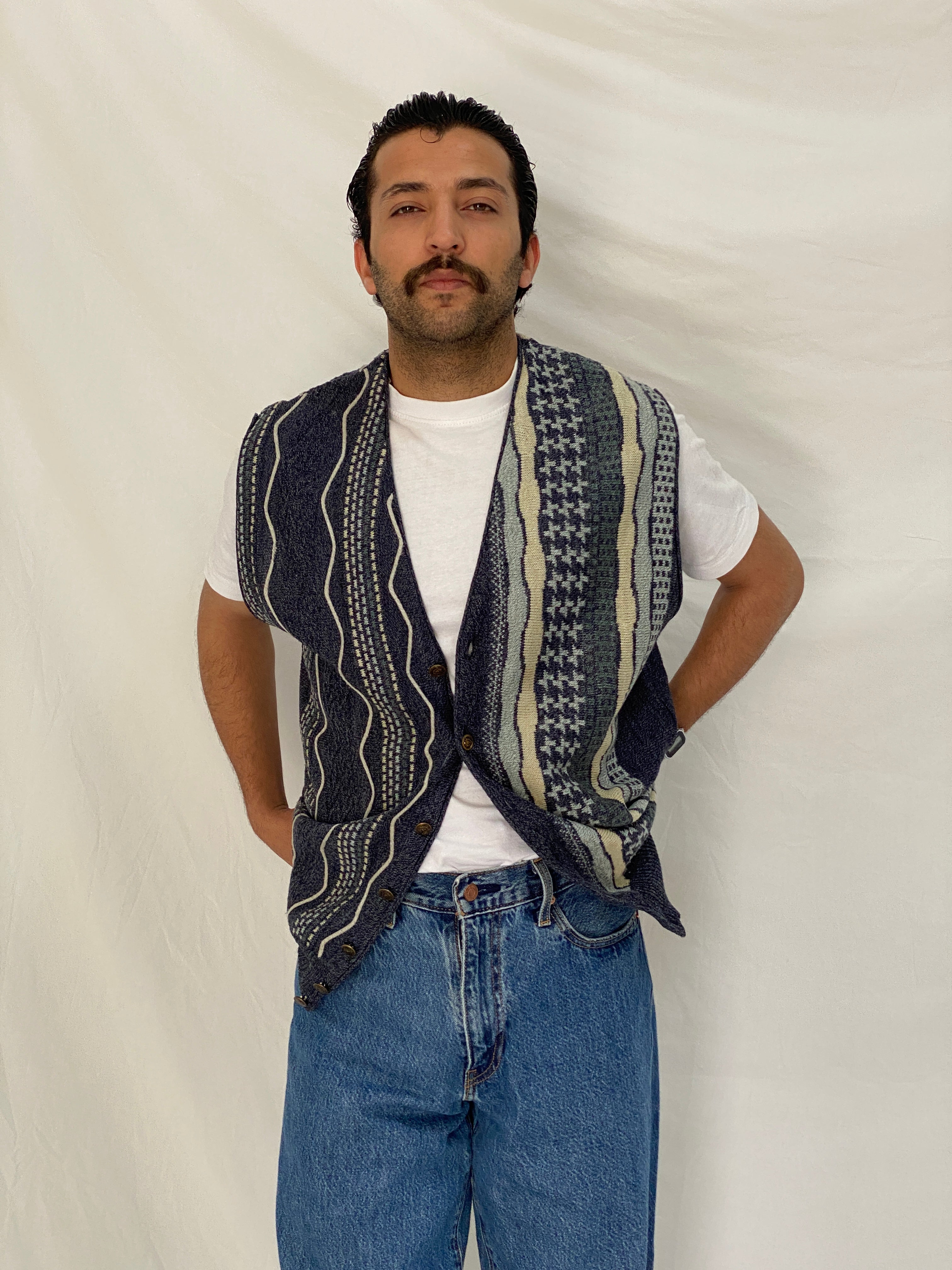 Vintage 90s تريكو Navy Patterned Knit Sweater Vest Cardigan - M