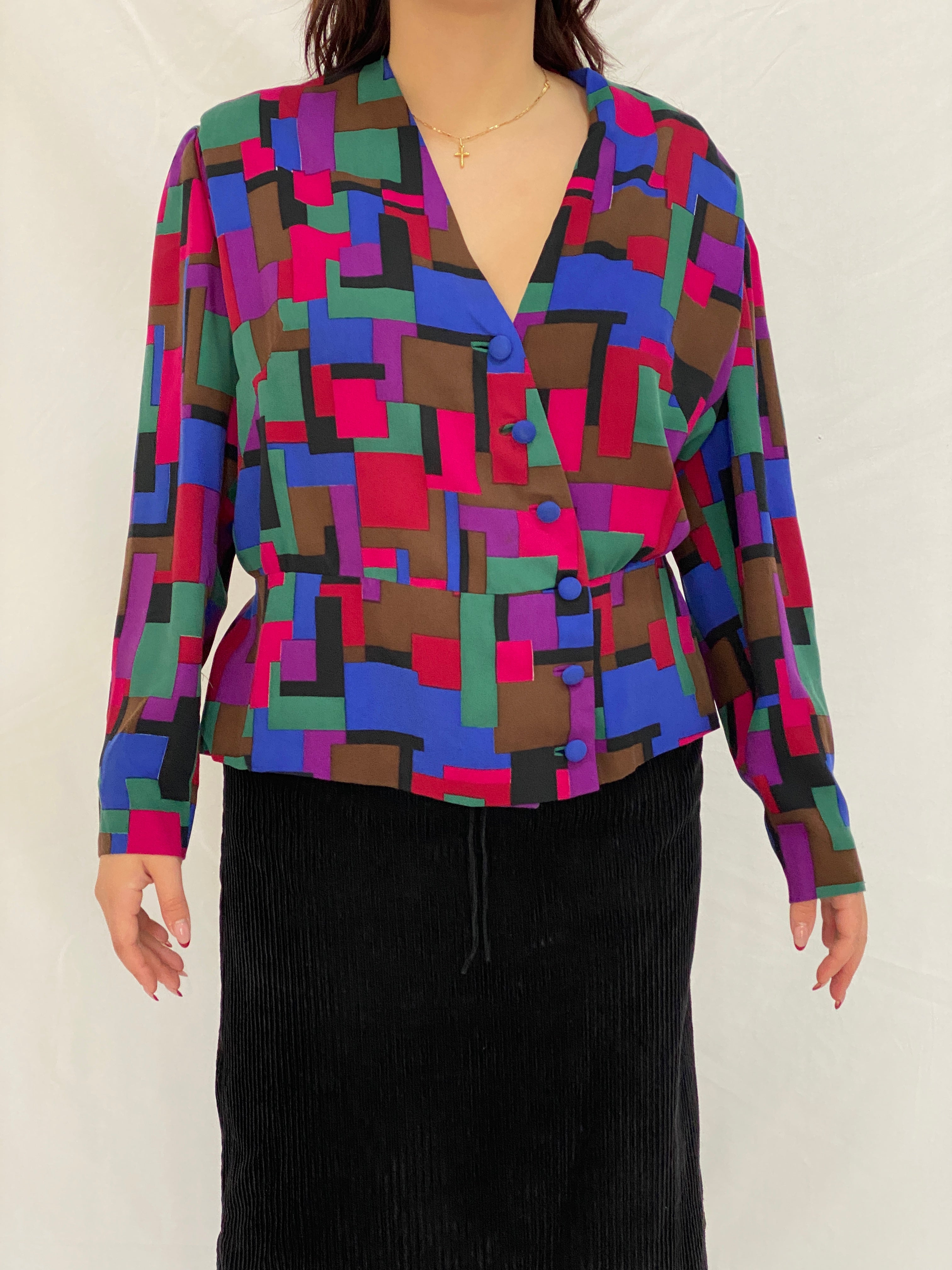 Vintage Handmade 80s Multicolor Abstract Geometric Print Long Sleeve Button-Up Shirt – XL